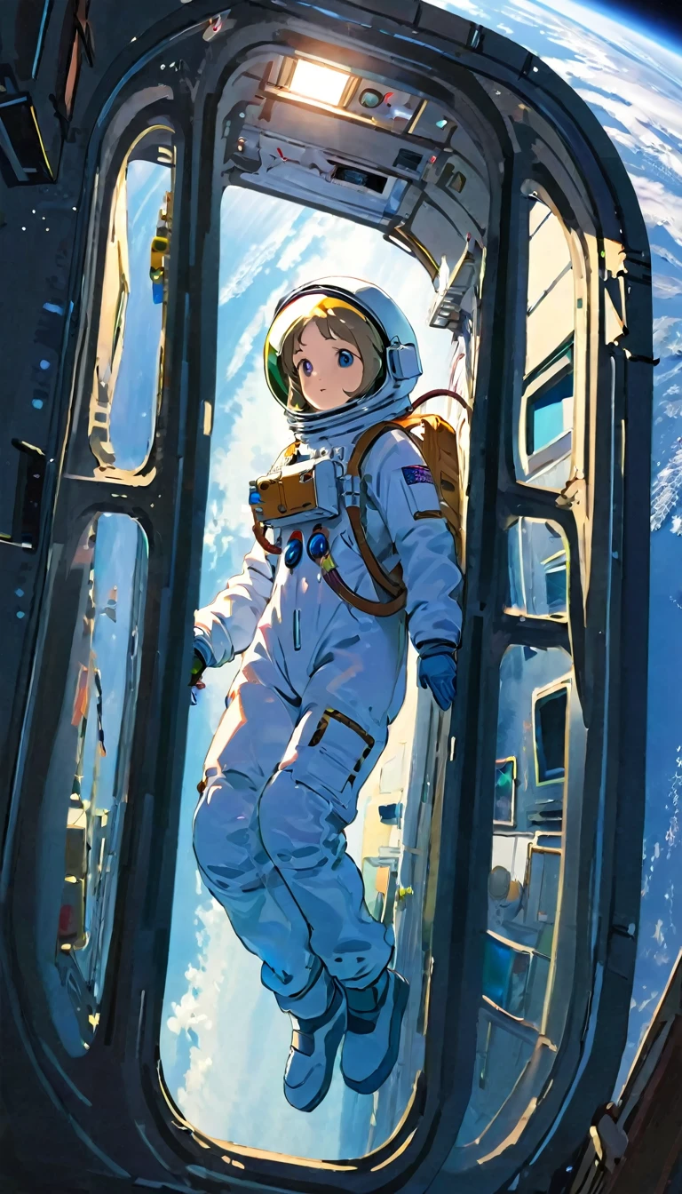 Highest quality、masterpiece、High resolution、RAW Photos、break、Perfect Anatomy、One Girl、Reflective helmet、Put on a helmet、Astronaut suits that fit snugly against the skin、２０talent、Zero Gravity Swimming、Space Station、Experimental building、Complex Measurements、Detailed Description、近未来のSpace Station、break、Earth seen from the window、Beautiful Earth、Blue Earth、