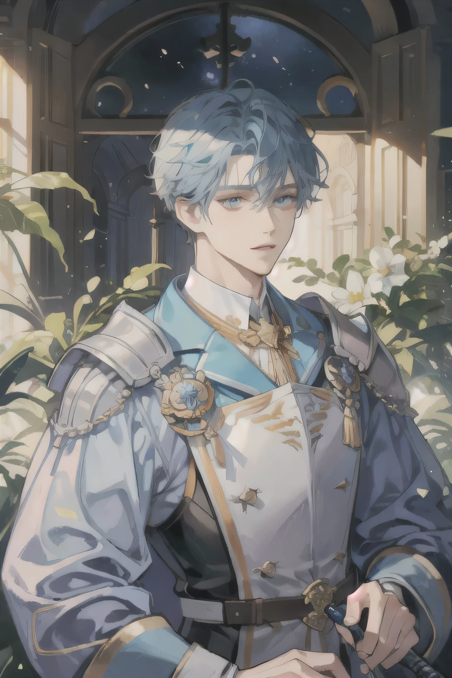 ((Highest quality)), ((masterpiece)), (detailed), ((Highest quality)), ((masterpiece)), (detailed), Light blue curly short hair、light blue hair 、knight、mascle、noble、Blue eyes、soft、seems kind、Mature、Margrave、knight、sword、alone、Light blue noble outfit、Tall and muscular