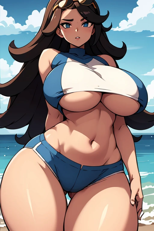 (best quality), (masterpiece), 1 girl, early 20's, huge heavy breasts, busty, massive breasts, thick, thick lips, wide hips, thin waist, shelly pokemon, underboob, sunglasses on top of head