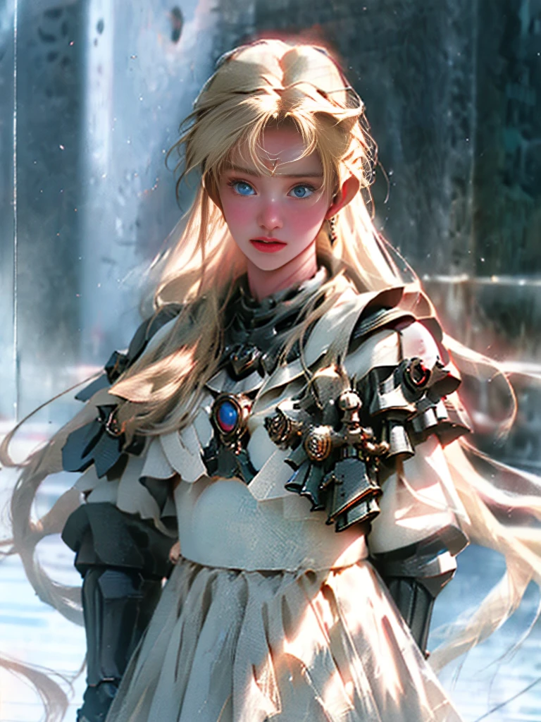 8K UHD,RAW photo,A woman wearing black armor is fully armored:1.1,Handsome girl,long whitr hair,blonde with blue eyes,The face is delicate,Delicate skin,Full breasts,Crystal clear lips,Slender legs,(Real Human:1.3),(A high resolution:1.4),(A detailed:1.5),(photorealestic:1.7),RAW photo,Portrait Photogram,Real Human,RAW photo,超A high resolution,Foto realism,best qualtiy,(highdetailskin,skin detailed),Visible Pore,Shiny skin,tmasterpiece,,finedetail,Colorization,Extremely Delicately Beautiful,Extremely detailed 8k wallpaper,8K high quality,Digital SLR,Girl with beautiful details,(looking at viewert),professional photograph lighting,Faraway view,Standing posture