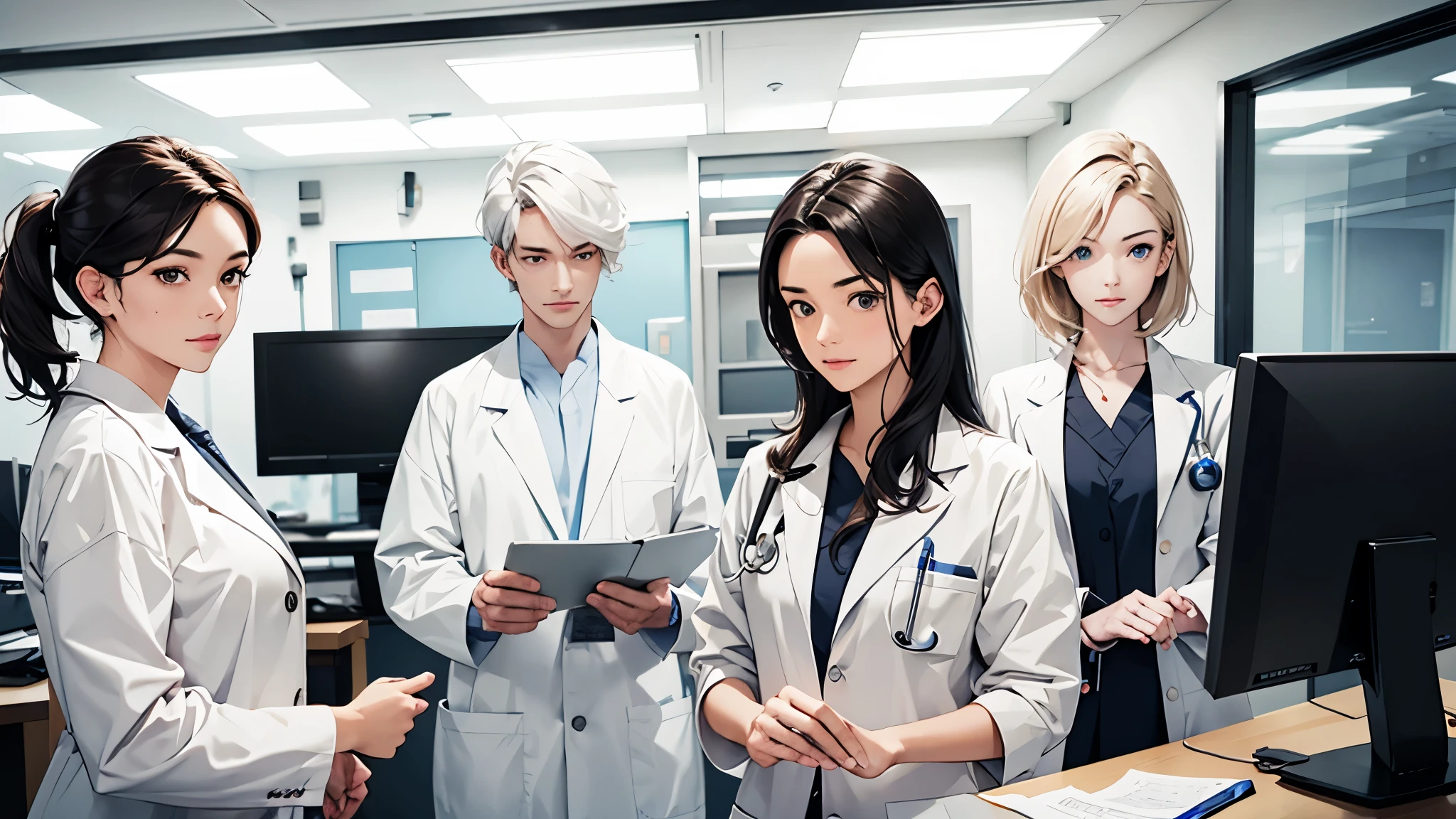 a team of medical professionals in a surgical center, looking ahead, detailed facial features, intricate medical equipment