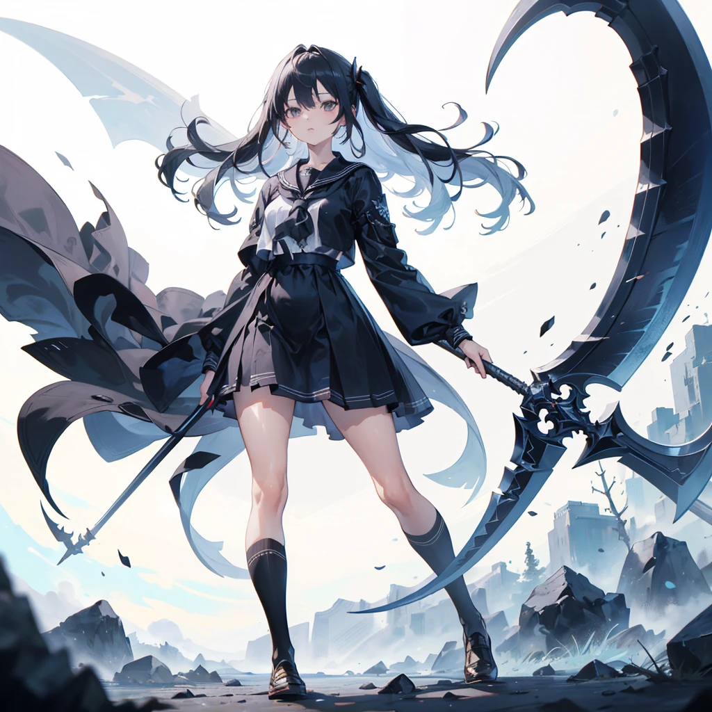(masterpiece, Highest quality), (perfect athletic body:1.2), (Thin Hair), Very detailed, Anime Style, whole body, alone, Vampire Hunter, Black Sailor Suit, big grim reaper scythe, Black Hair, High Boots, Standing in the Wilderness,Navy blue knee socks,Black Loafers、 8K high resolution, White Background, whole body,