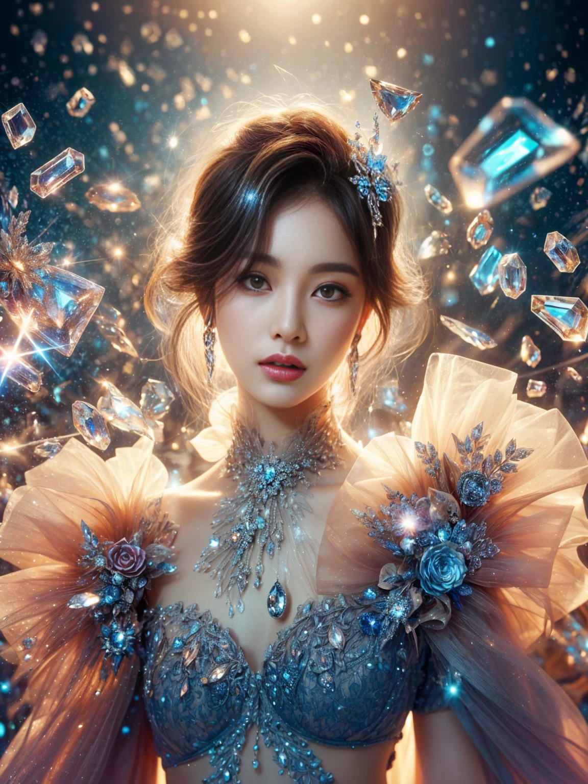 Araped image of a woman wearing a dress surrounded by diamonds, Beautiful digital artwork, Highly detailed digital art in 4K, beautiful fantasy art portrait, 8K Amazing Work of Art, fantasy art style, digital fantasy art ), Brilliant digital art, beautiful fantasy art, Amazing digital illustrations, beautiful fantasy portrait, fantasy art behance, heavenly fantasy, heavenly beauty, Detailed fantasy digital art