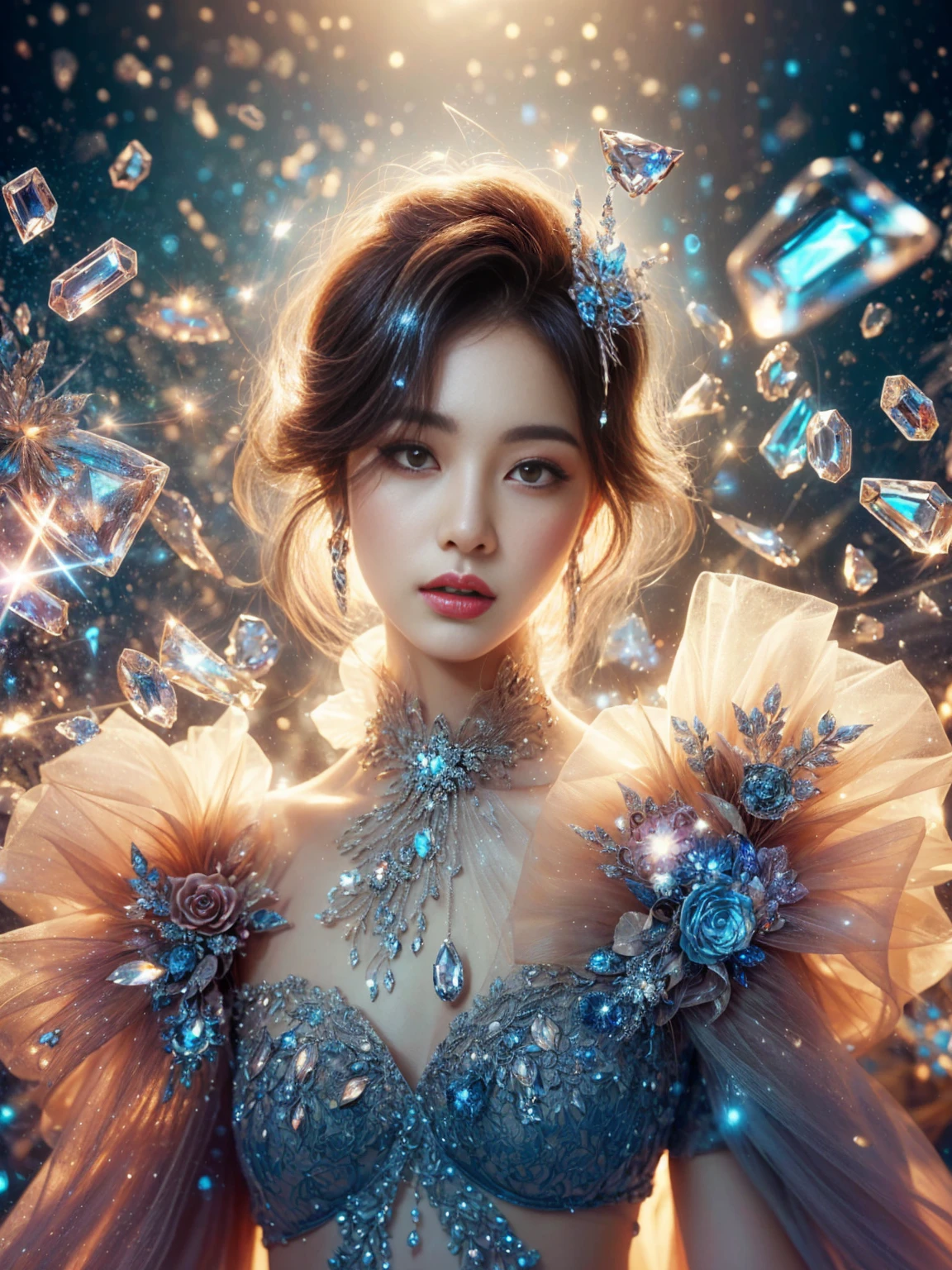 Araped image of a woman wearing a dress surrounded by diamonds, Beautiful digital artwork, Highly detailed digital art in 4K, beautiful fantasy art portrait, 8K Amazing Work of Art, fantasy art style, digital fantasy art ), Brilliant digital art, beautiful fantasy art, Amazing digital illustrations, beautiful fantasy portrait, fantasy art behance, heavenly fantasy, heavenly beauty, Detailed fantasy digital art