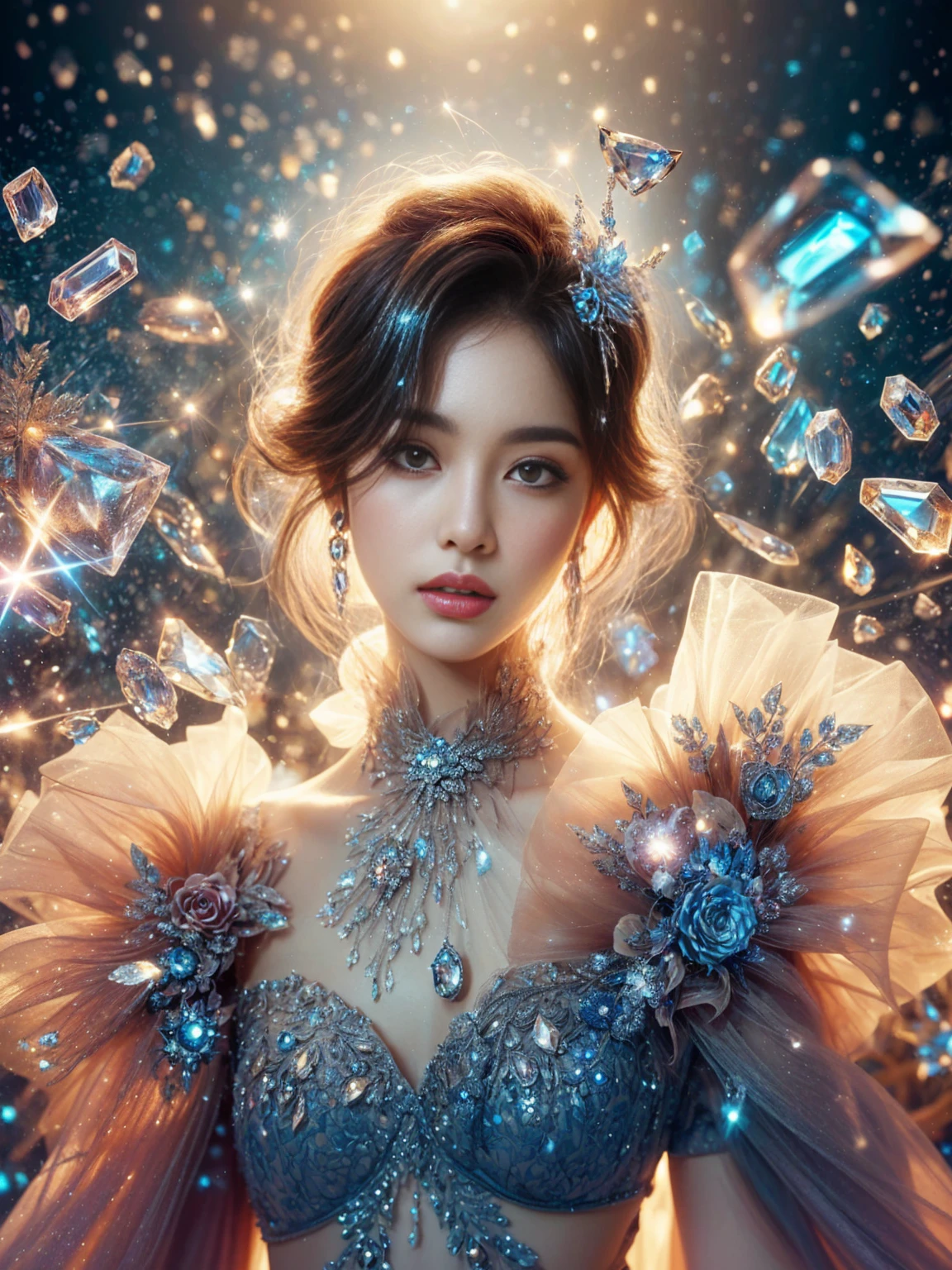 Araped image of a woman wearing a dress surrounded by diamonds, Beautiful digital artwork, Highly detailed digital art in 4K, beautiful fantasy art portrait, 8K Amazing Work of Art, fantasy art style, digital fantasy art ), Brilliant digital art, beautiful fantasy art, Amazing digital illustrations, beautiful fantasy portrait, fantasy art behance, heavenly fantasy, heavenly beauty, Detailed fantasy digital art