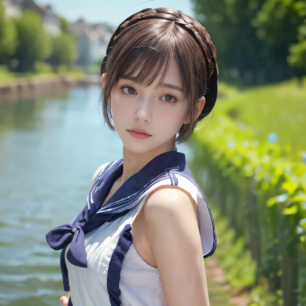 (Realistic:1.3), 8k, Healthy Photos, Realistic skin texture, (masterpiece, Highest quality, High resolution:1.2), (Very detailed, Intricate details, High resolution), Textured skin, Skin pores, Intricate details, One Girl, Straight Short Hair,whole body,Ultra mini skirt,(Sailor suit),Beautiful Skin,Realistic Face,(Has a glass sword)