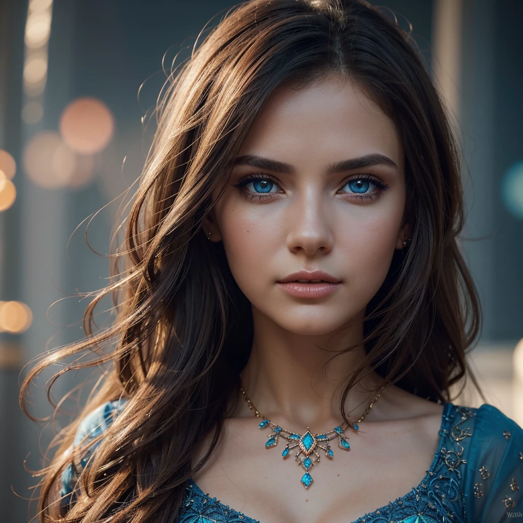 (1 girl),Brown hair, organza lace,Chic and bold clothes, flying, BLUE, (colorful), Bold touches, Gradient blending, sparkling texture, dynamic composition, atmospheric perspective, impressionistic, , (masterpiece), (Best quality), amazing, (beautiful detailed eyes), (Small parts), depth of field, extremely detailed computer graphics, original, extremely detailed wallpaper, (bright colors), cinematic lighting,  (colorful), blush, ultra-realistic, (beautiful face Slavic roots 1.1), High cheekbones, Plump lips, 3 bust size, (blue eyes 1.0), sharp facial features, jewelry in hair 