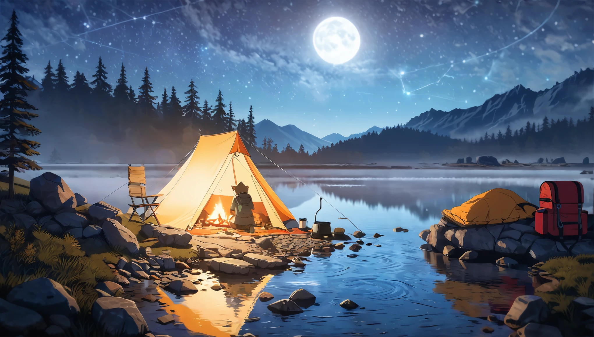 masterpiece, best quality, ultra-detailed, illustration, 1girl, cat ears, solo, outdoors, camping, night, mountains, nature, stars, moon, tent, twin ponytails, green eyes, cheerful, happy, backpack, sleeping bag, camping stove, water bottle, mountain boots, gloves, sweater, hat, flashlight, forest, rocks, river, wood, smoke, shadows, contrast, clear sky, constellations, Milky Way, peaceful, serene, quiet, tranquil, remote, secluded, adventurous, exploration, escape, independence, survival, resourcefulness, challenge, perseverance, stamina, endurance, observation, intuition, adaptability, creativity, imagination, artistry, inspiration, beauty, awe, wonder, gratitude, appreciation, relaxation, enjoyment, rejuvenation, mindfulness, awareness, connection, harmony, balance, texture, detail, realism, depth, perspective, composition, color, light, shadow, reflection, refraction, tone, contrast, foreground, middle ground, background, naturalistic, figurative, representational, impressionistic, expressionistic, abstract, innovative, experimental, unique