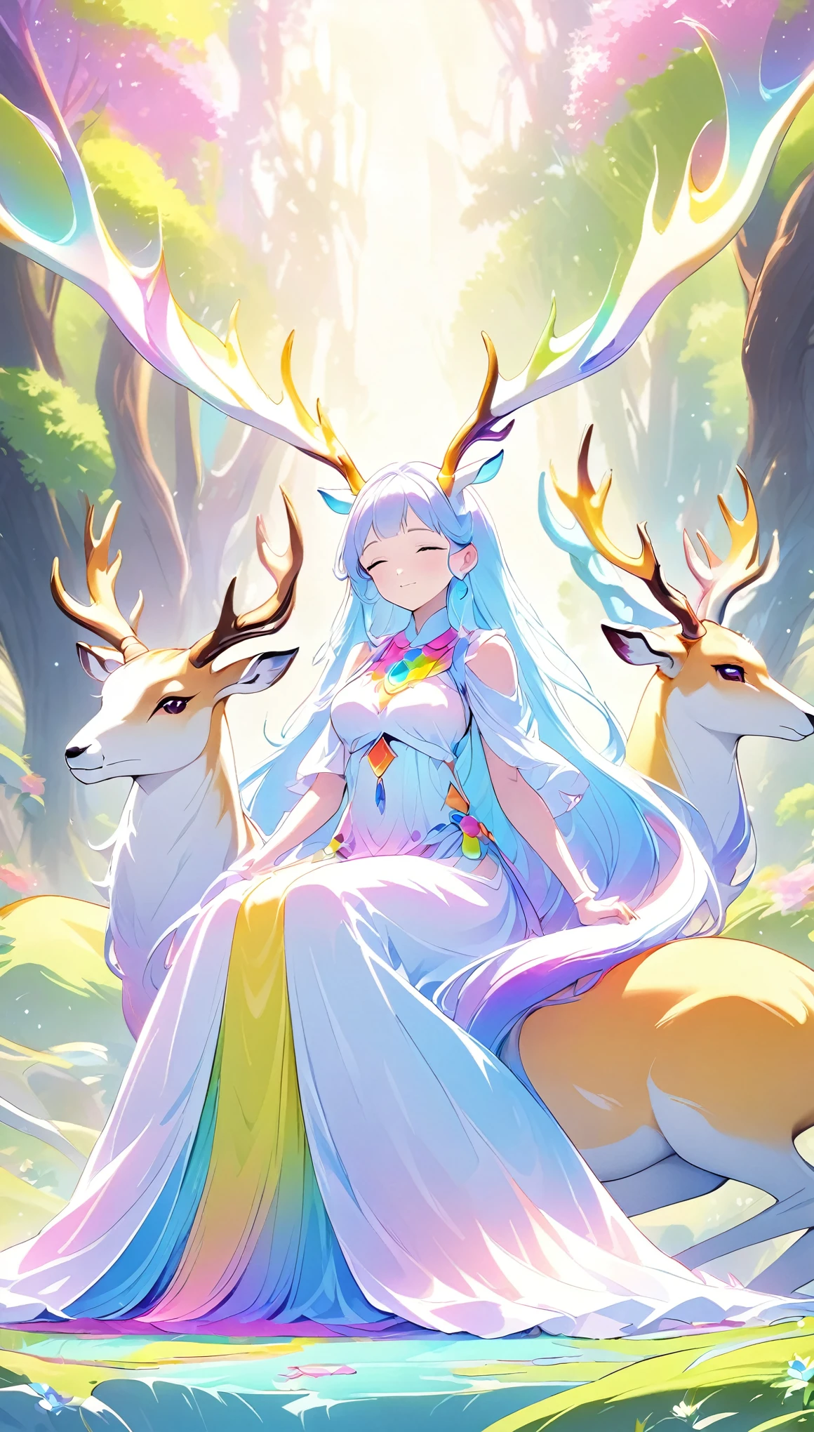 Seven-Colored Deer Guardian，Huge and beautiful seven-colored deer，A peaceful and dreamy scene，A woman in a princess dress sits next to a giant seven-colored deer，The woman is very sexy，Detailed facial details，The background is a magical forest full of spirituality，Create a soft and ethereal atmosphere。The overall composition is beautiful
