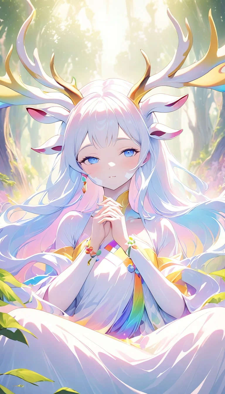 Seven-Colored Deer Guardian,Huge and beautiful seven-colored deer,A peaceful and dreamy scene,A woman in a princess dress sits next to a giant seven-colored deer,The woman is very sexy,Detailed facial details,The background is a magical forest full of spirituality,Create a soft and ethereal atmosphere。The overall composition is beautiful