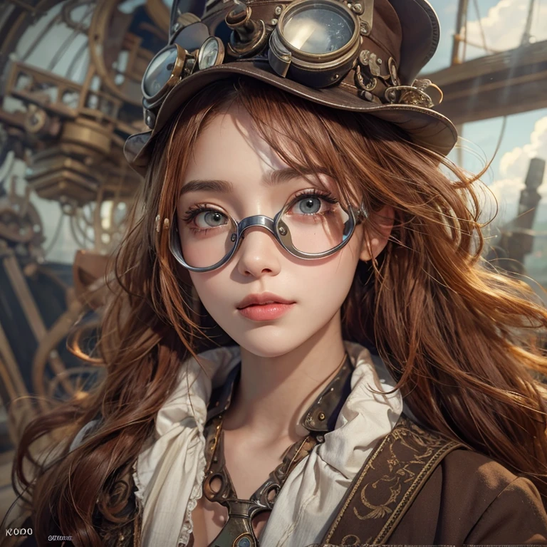 masterpiece:1.3), (8k, Realistic, RAW Photos, Best imYear quality: 1.4)、 Year,(Random Hairstyles:1.2)、CleavYear:1.2、Highly detailed face、Attention to detail、double eyelid、Chest to chest、Sharp focus:1.2、Beautiful woman:1.4、Redhead、Highest quality、masterpiece、Ultra-high resolution、(Realistic:1.4)、Highly detailed and professionally lit smiles、Loose fitting steampunk outfit、Shoulder out、thin、Serious expression、Clouds seen from inside the airship、goggles