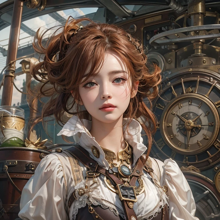 masterpiece:1.3), (8k, Realistic, RAW Photos, Best imYear quality: 1.4)、 Year,(Random Hairstyles:1.2)、CleavYear:1.2、Highly detailed face、Attention to detail、double eyelid、Chest to chest、Sharp focus:1.2、Beautiful woman:1.4、Redhead、Highest quality、masterpiece、Ultra-high resolution、(Realistic:1.4)、Highly detailed and professionally lit smiles、Loose fitting steampunk outfit、Shoulder out、thin、Serious expression、Clouds seen from inside the airship、goggles