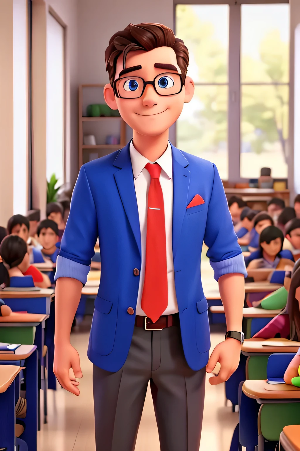 male teacher greeting students image with flashy colors
