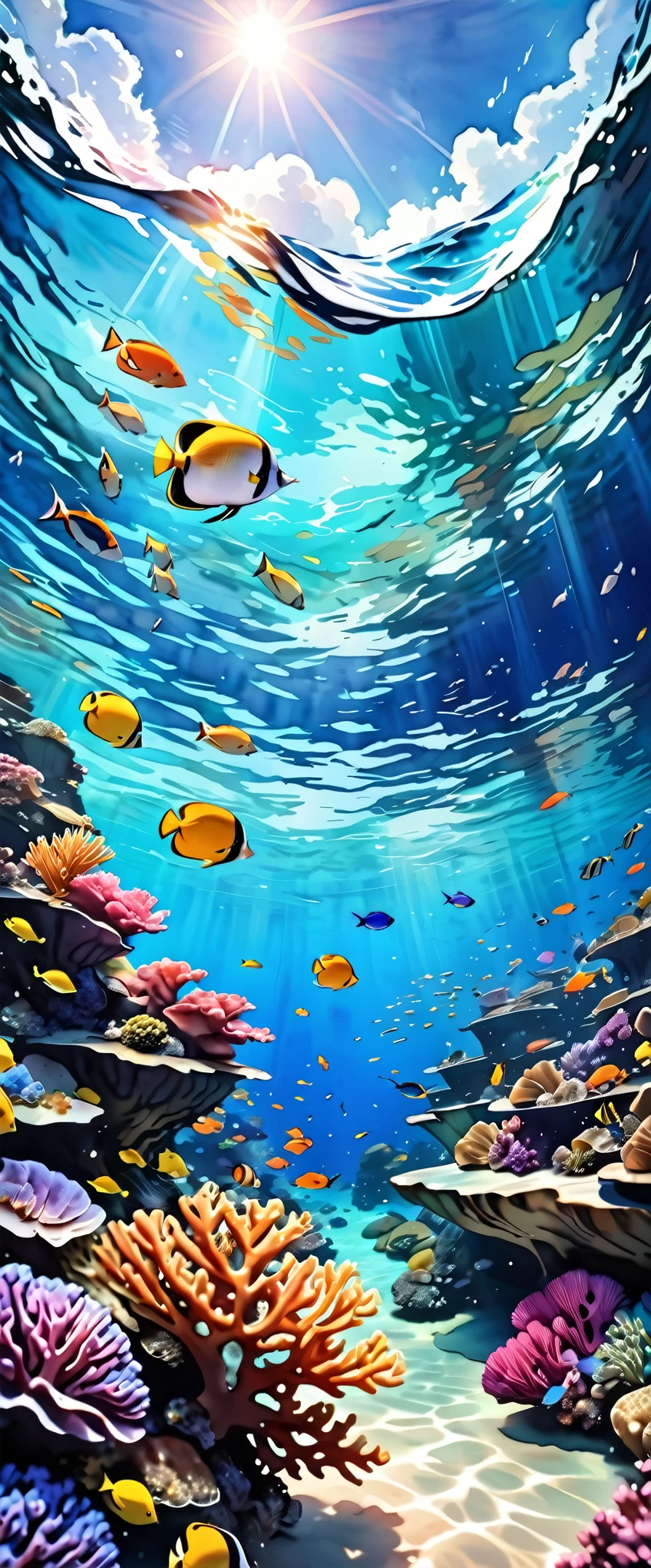 (masterpiece:1.2, Highest quality,Highest quality,Very detailedな:1.2),(Very detailed),8k,(watercolor:1.3),stylish,Coral Reef,,(So many beautiful tropical fish:1.6),In the beautiful sea,Transparent water texture,(From below:1.3),(Cool Photos),Sunlight shining into the sea,(Beautiful gradation created by layering),(Tarashikomi technique),(dynamic)