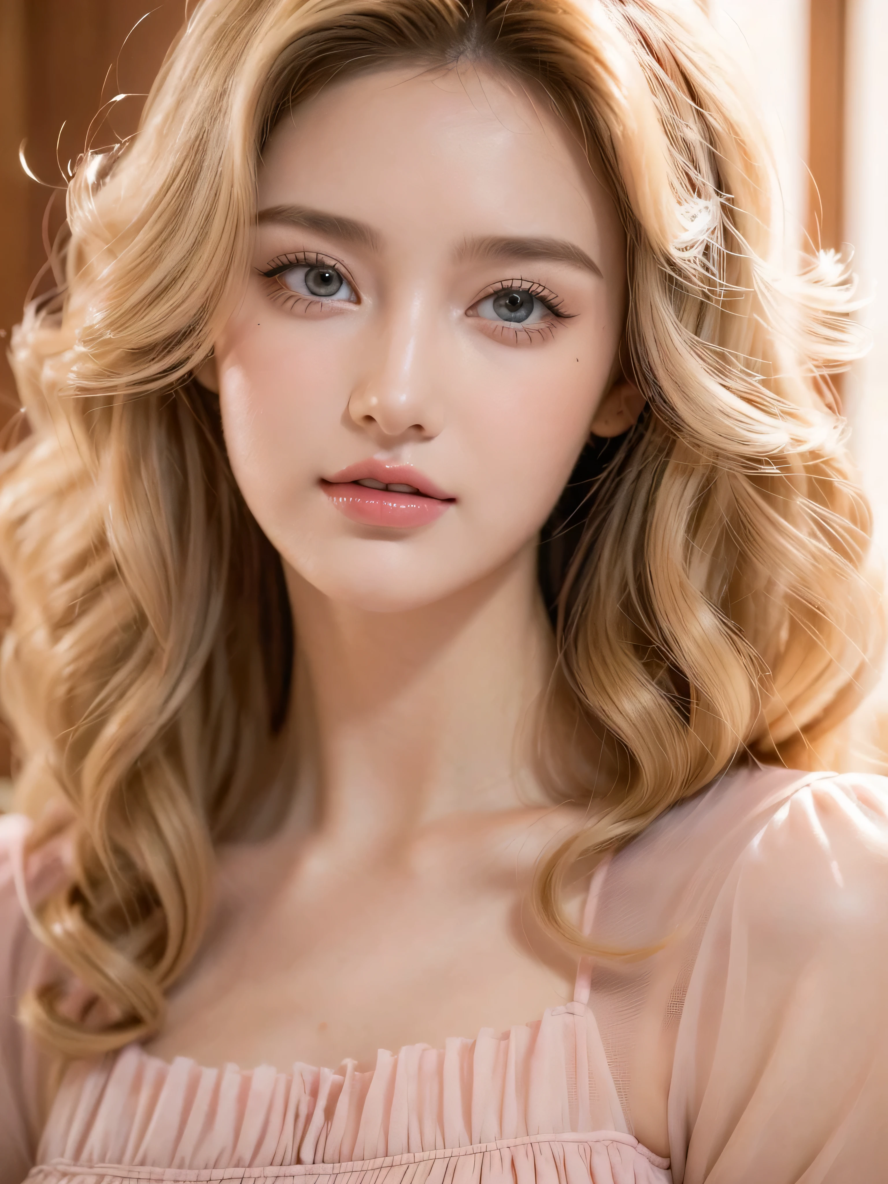 (close up of a beautiful 26 year old girl in a light pink vintage dress), movie stock photos, camera f1. 6, saturated colors, Vibrant, lifelike textures, Impressive classic lighting, Modern style, sexy full body photo, Evening, Curly hair has just been dyed light blonde