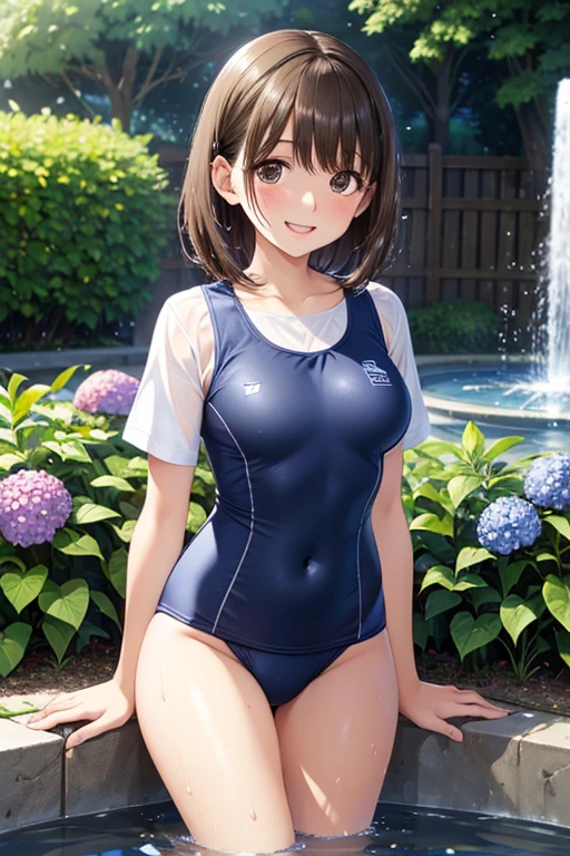 anegasaki nene、Shiny brown hair, short hair, (Beautiful brown eyes、Sparkling eyes, Fine grain)、smile、Ultra-detailed eyes、Highly detailed face, Highly detailed eyes,


Two-dimensional beautiful girl、Sexy navy school swimsuit，garden，Hydrangea flowers，splashing in the fountain at Fountain Square in early summer，splash，Water Drop，Wet body，Laughing happily，Children in the background，