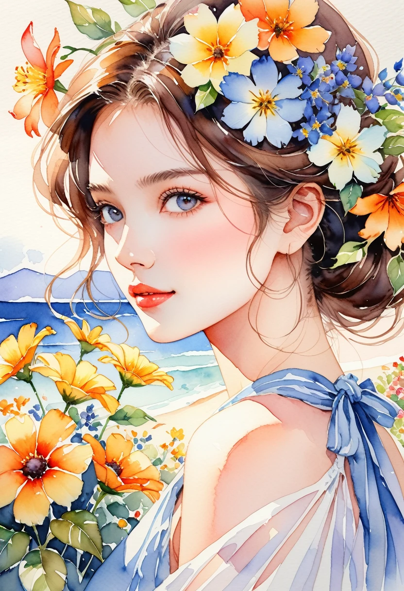 A very detailed watercolor painting, Has flowers that are reminiscent of summer, Depicting a beautiful woman