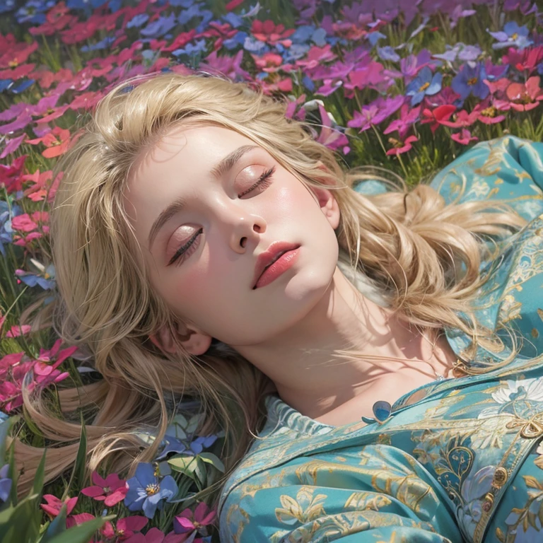 masterpiece: 1.2, Portraiture, Highest quality), Realistic, (Live Action, Intricate details, Written boundary depth), Highest quality, masterpiece, Attention to detail, semi-Realistic, Sleeping on the grass, shy, 21 years old, Short blonde, blue eyes, blonde、 Slim figure、Shoulder Bare、Shorts 、Blue sky and a few clouds、Rolling on the lawn