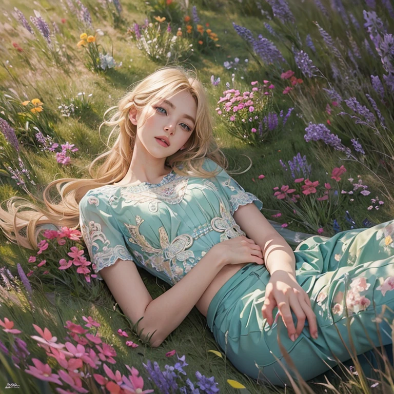 masterpiece: 1.2, Portraiture, Highest quality), Realistic, (Live Action, Intricate details, Written boundary depth), Highest quality, masterpiece, Attention to detail, semi-Realistic, Sleeping on the grass, shy, 21 years old, Short Blonde, blue eyes, Blonde、 Slim figure、Shoulder Bare、short pants 、Blue sky and a few clouds、Rolling around on the grass