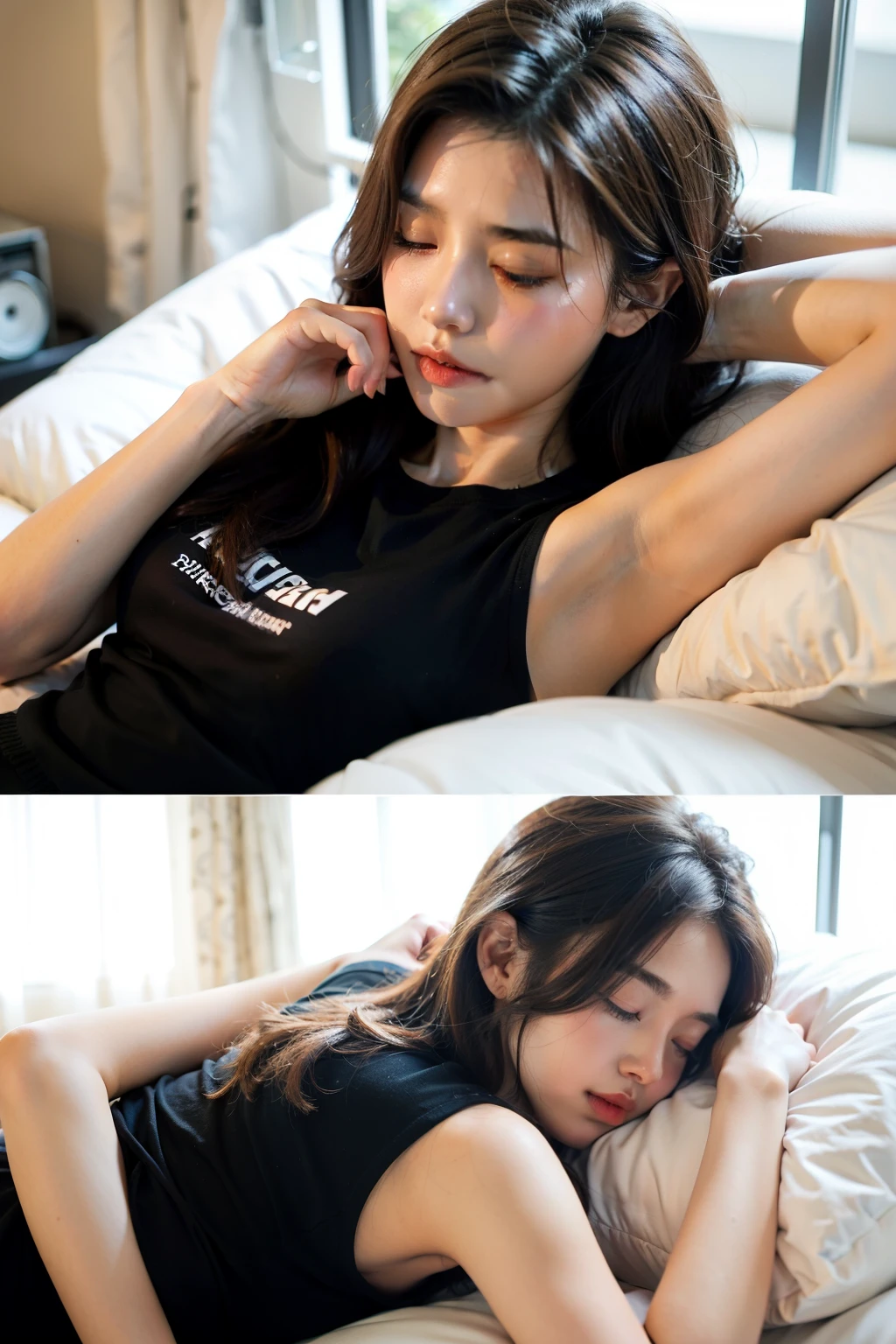 zydG, ((lying)), pussy focus, 1girls, fetal position, closed eyes, (blonde very short hair:1.2), (light hair), (medium breasts:1.4), (photorealestic:1.4), (Top image quality:1.0), (UltraHighResolution:1.0), 8K, Raw photography, (A masterpice:0.2), track and field uniforms, ((t-shirt)), (sweat, wetty:1.1), portlate, ful body,(pureerosface_v1:0.5), locker room, ((on bed))