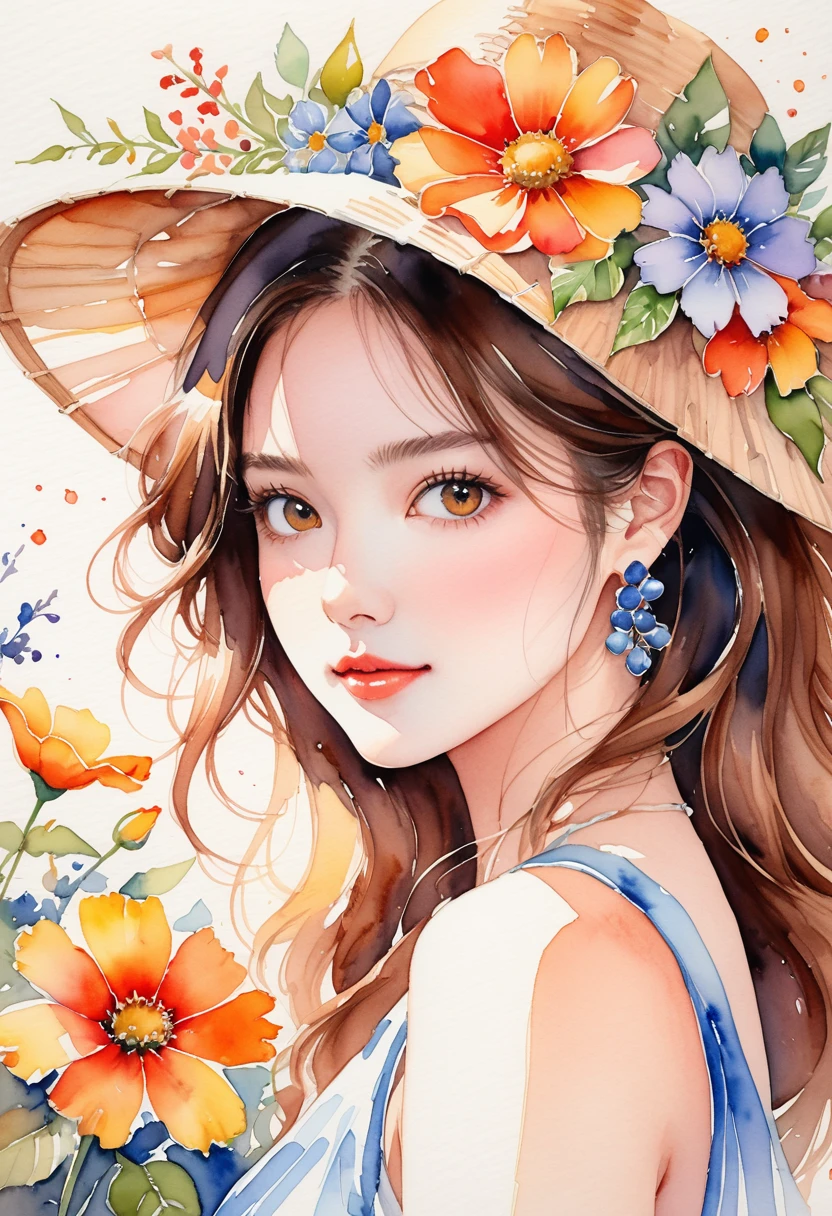 A very detailed watercolor painting, Has flowers that are reminiscent of summer, Depicting a beautiful woman