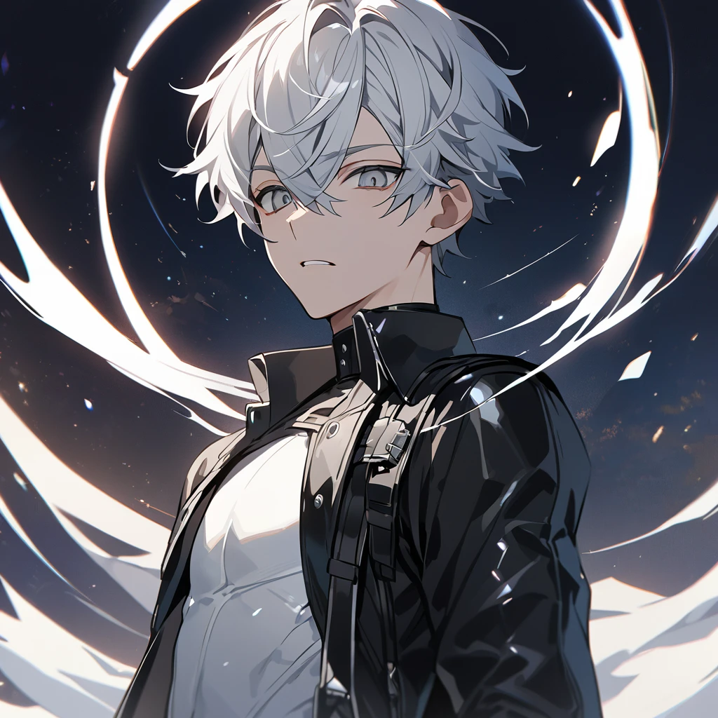High quality, HD, 4k, no shadows, handsome male, 1male, 17 years old, teenager, short white hair, sharp eyes, grey colored eyes, deep grey eyes, grey eyes, devil may cry, close up, calm expression, stoic expression, black leather clothes, white leather clothing, lean body, well trained body, upper body, looking at viewer, cowboy shot, white solar, space background