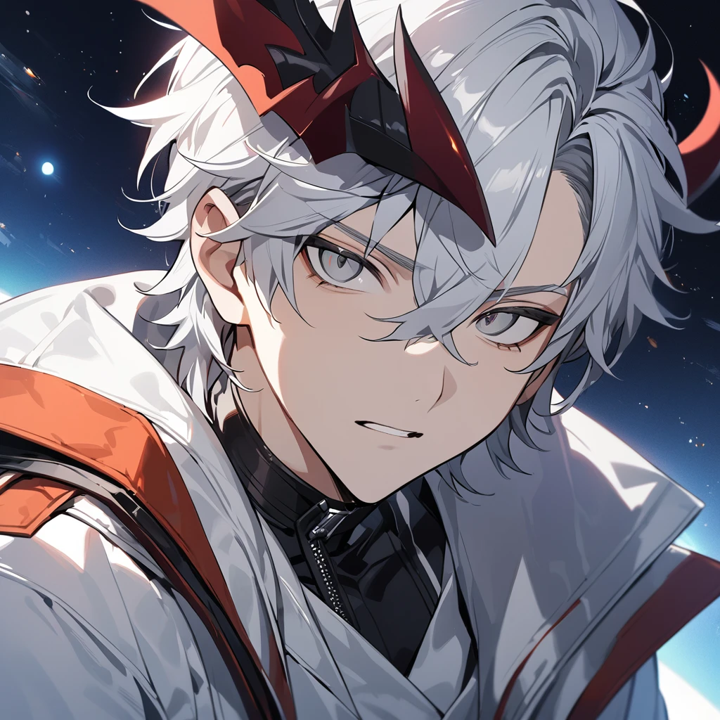 High quality, HD, 4k, no shadows, handsome male, 1male, , teenager, short white hair, sharp eyes, grey colored eyes, deep grey eyes, grey eyes, devil may cry, close up, calm expression, stoic expression, black leather clothes, white leather clothing, lean body, well trained body, upper body, looking at viewer, cowboy shot, white solar, space background