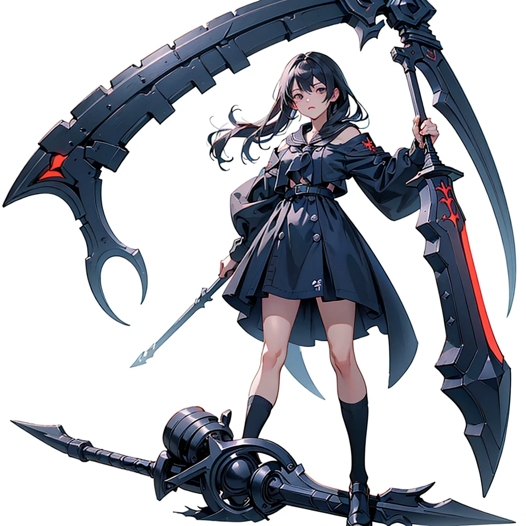 (masterpiece, Highest quality), (perfect athletic body:1.2), (Thin Hair), Very detailed, Anime Style, whole body, alone, Vampire Hunter, Black Sailor Suit, big grim reaper scythe, Black Hair, High Boots, Standing in the Wilderness,Navy blue knee socks,Black Loafers、 8K high resolution, White Background, whole body,