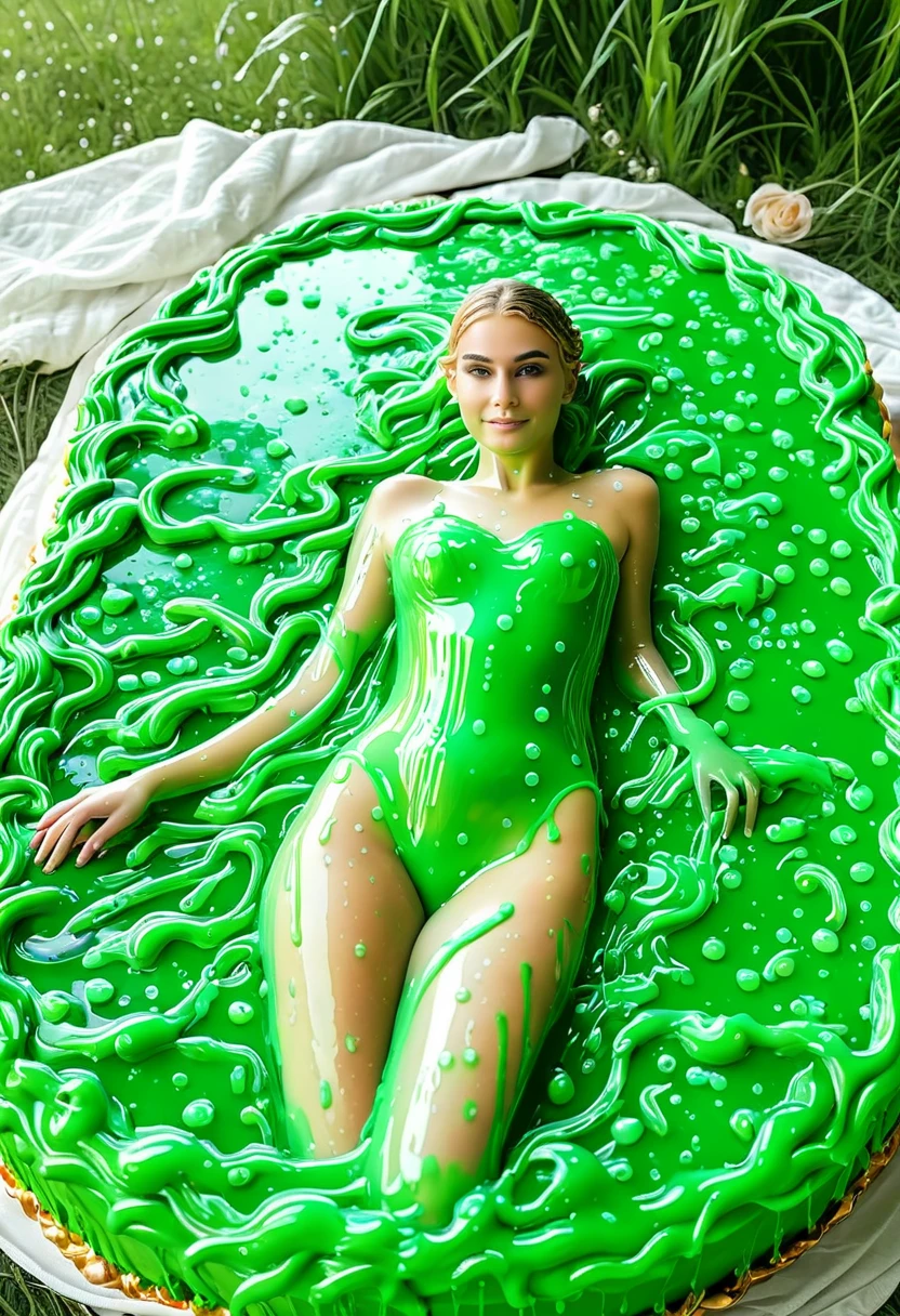 Une sublime femme en maillot de bain à l'intérieur d’un monstre géant fait de slime translucide en field de gâteau en gelée, on la voit par transparence, elle mange le gâteau de l'intérieur