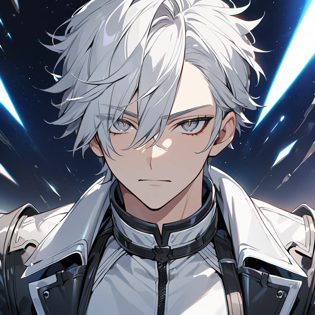 High quality, HD, 4k, no shadows, handsome male, 1male, 17 years old, teenager, short white hair, sharp eyes, grey colored eyes, deep grey eyes, grey eyes, devil may cry, close up, calm expression, stoic expression, black leather clothes, white leather clothing, lean body, well trained body, upper body, looking at viewer, cowboy shot, white solar, space background