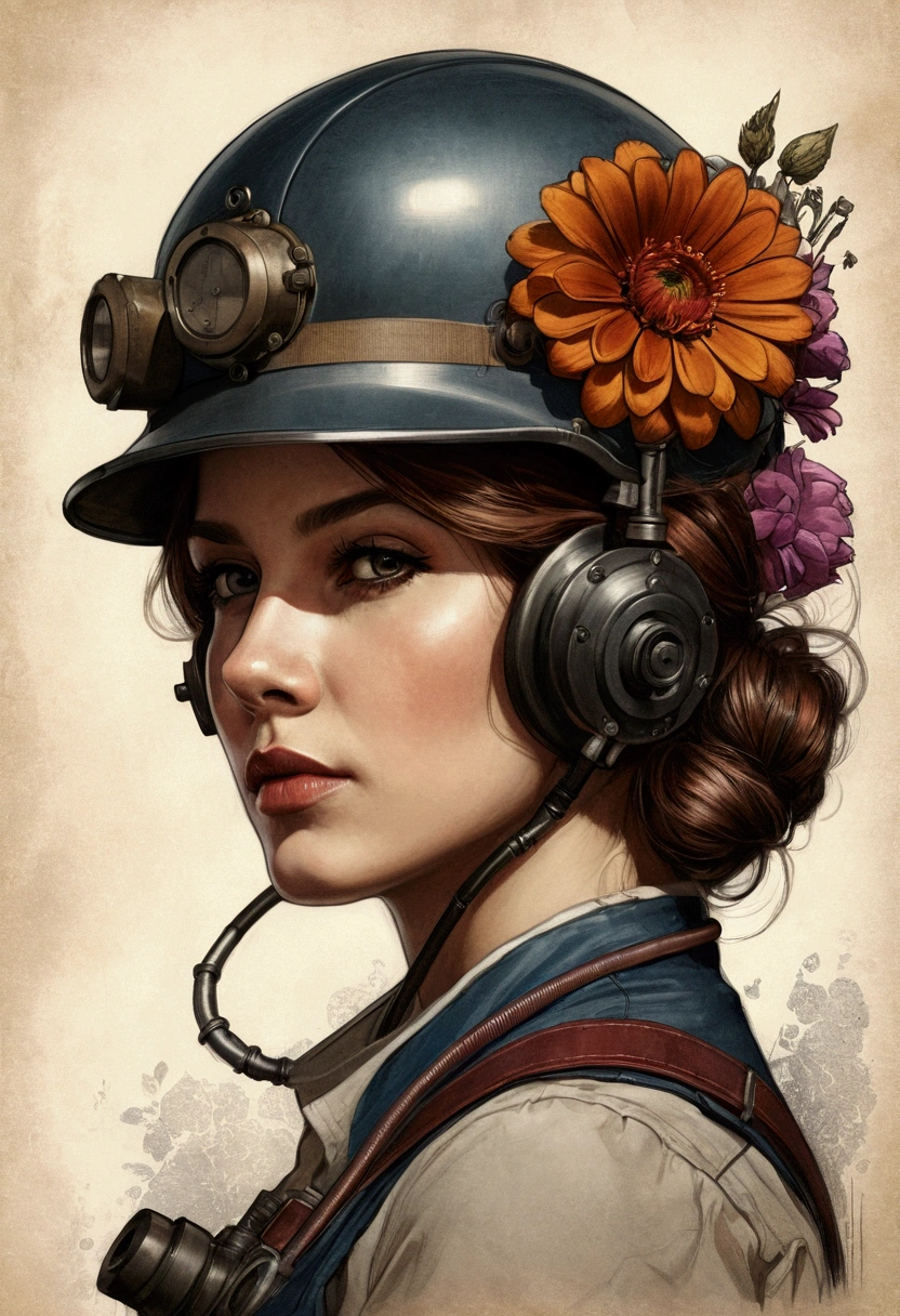 Charlie Bowater Lithograph realistic sketch portrait of a woman, flowers, [gear], pipes, dieselpunk, Multicolored straps, old paper texture, highy detailed