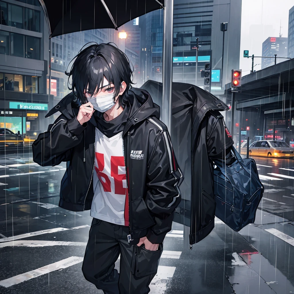 A age boy with black hair and a mask covering his entire face, wearing a jacket, rainy city
