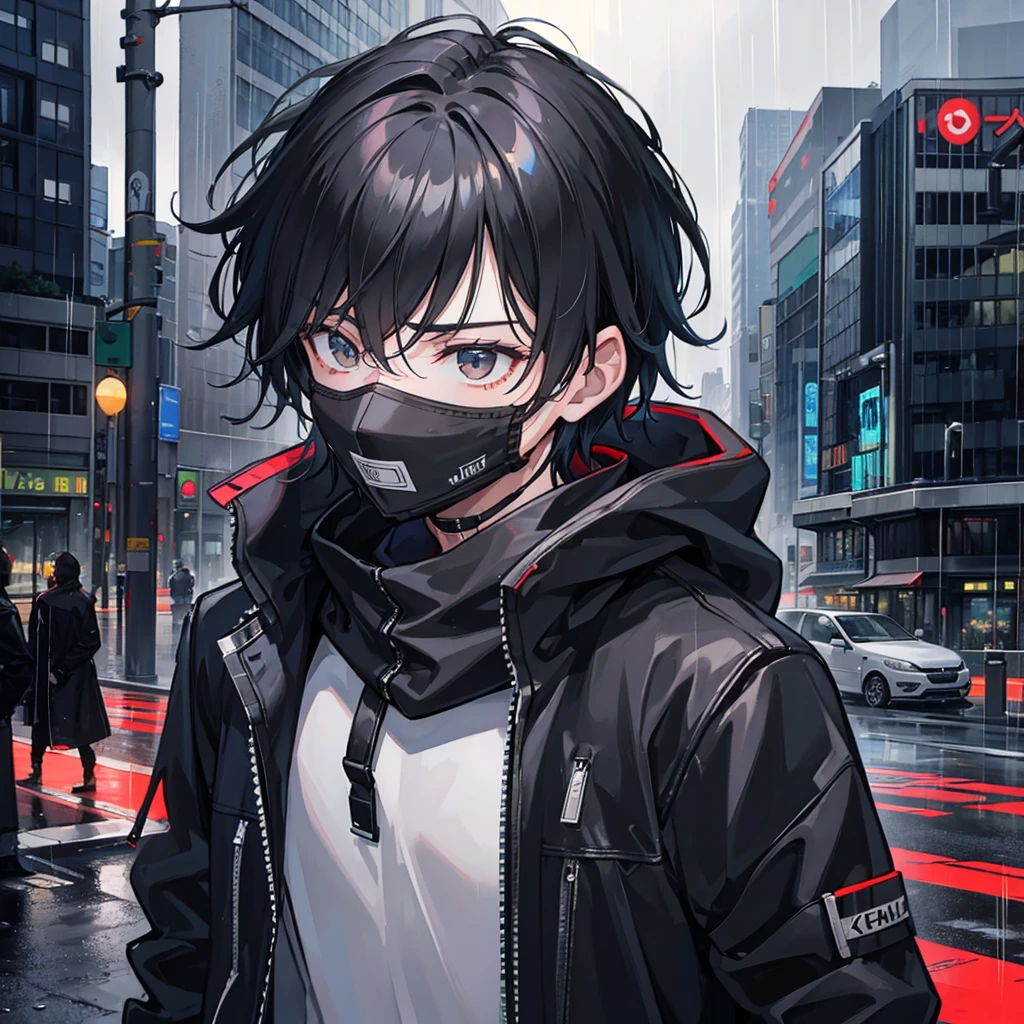 A teenage boy with black hair and a mask covering his entire face, wearing a jacket, rainy city