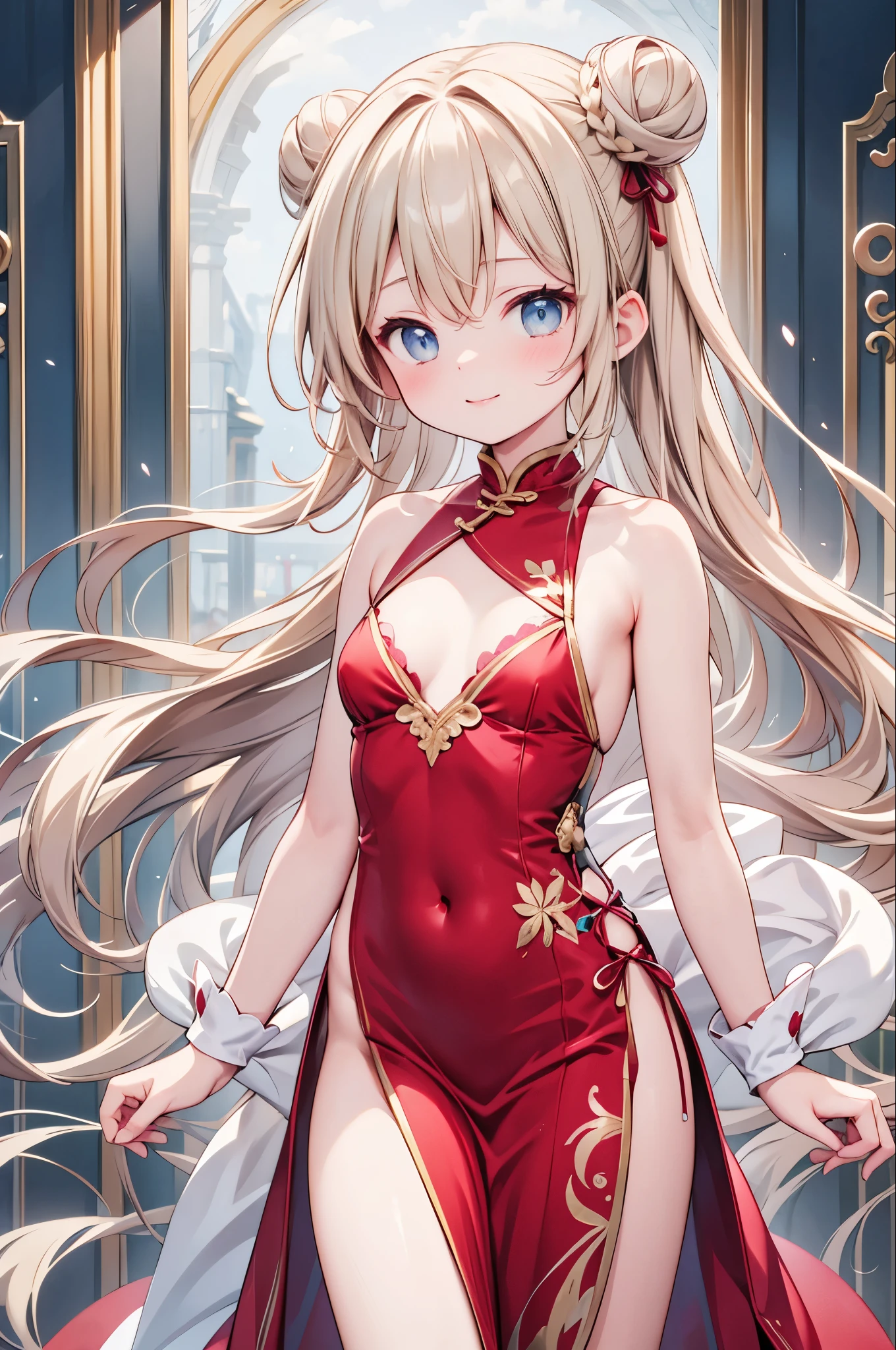 high resolution,smile,woman,woman1人,adult,cute, 2Two bun hair, Blonde Hair,Light blue eyes, Red Chinese Dress,whole body,front,Standing,BREAK,Background white,