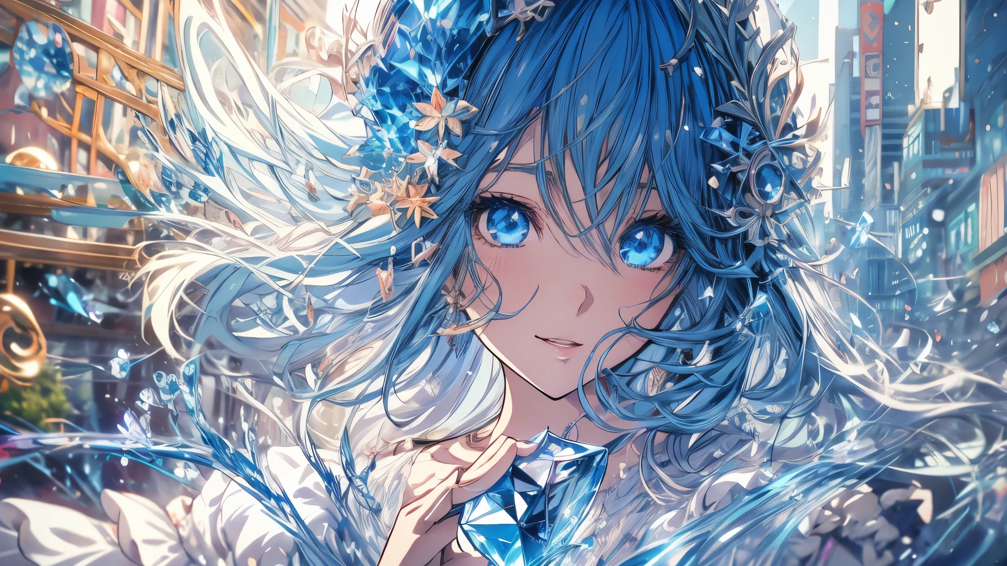 Anime girl with blue eyes and white dress holding a blue crystal., detailed digital anime art, 4K anime style, anime art wallpaper 4k, anime art wallpaper 4k, detailed anime art, anime art wallpaper 8k, beautiful animated portrait, detailed anime artwork, beautiful anime artwork, beautiful anime art, detailed portrait of anime girl, 4k anime wallpaper
