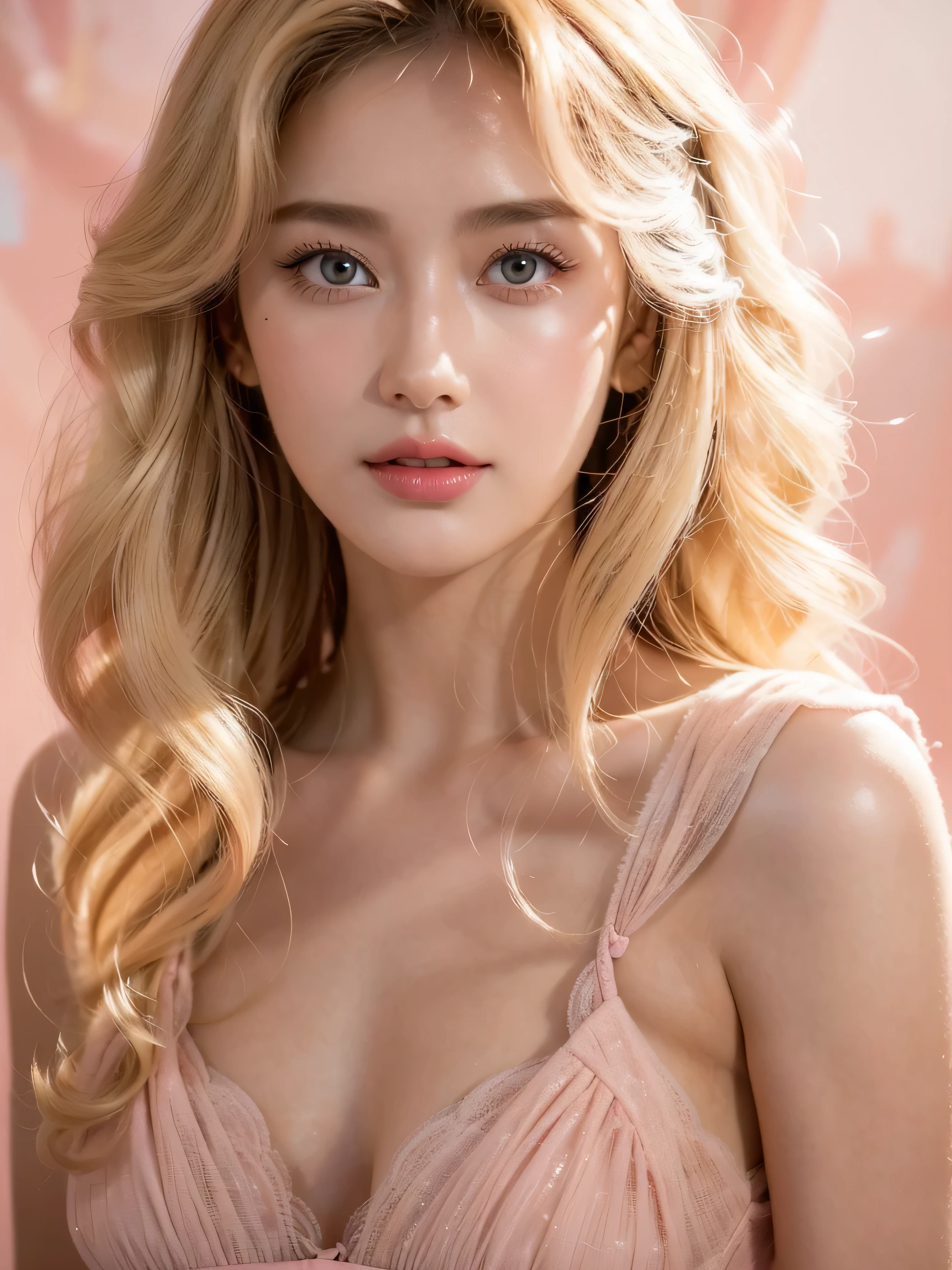 (close up of a beautiful 26 year old girl in a light pink vintage dress), movie stock photos, camera f1. 6, saturated colors, Vibrant, lifelike textures, Impressive classic lighting, Modern style, sexy full body photo, Evening, Curly hair has just been dyed light blonde