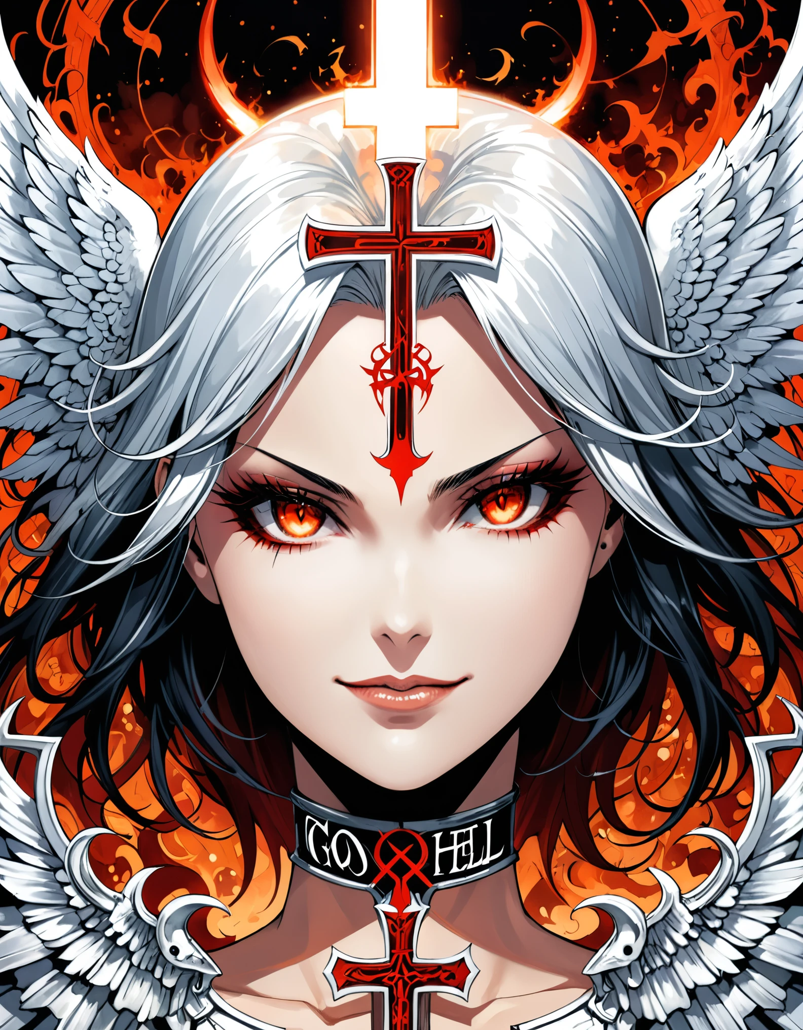 in style of Heinrich Lefler,in style of Greg Staples
Face to face left half angry female angel and right half smile Satan,with the text:"Go to the HELL",Form a cross with capital letters,2 sides of theimage,mirrored realms,close-up intensity,captivating gaze