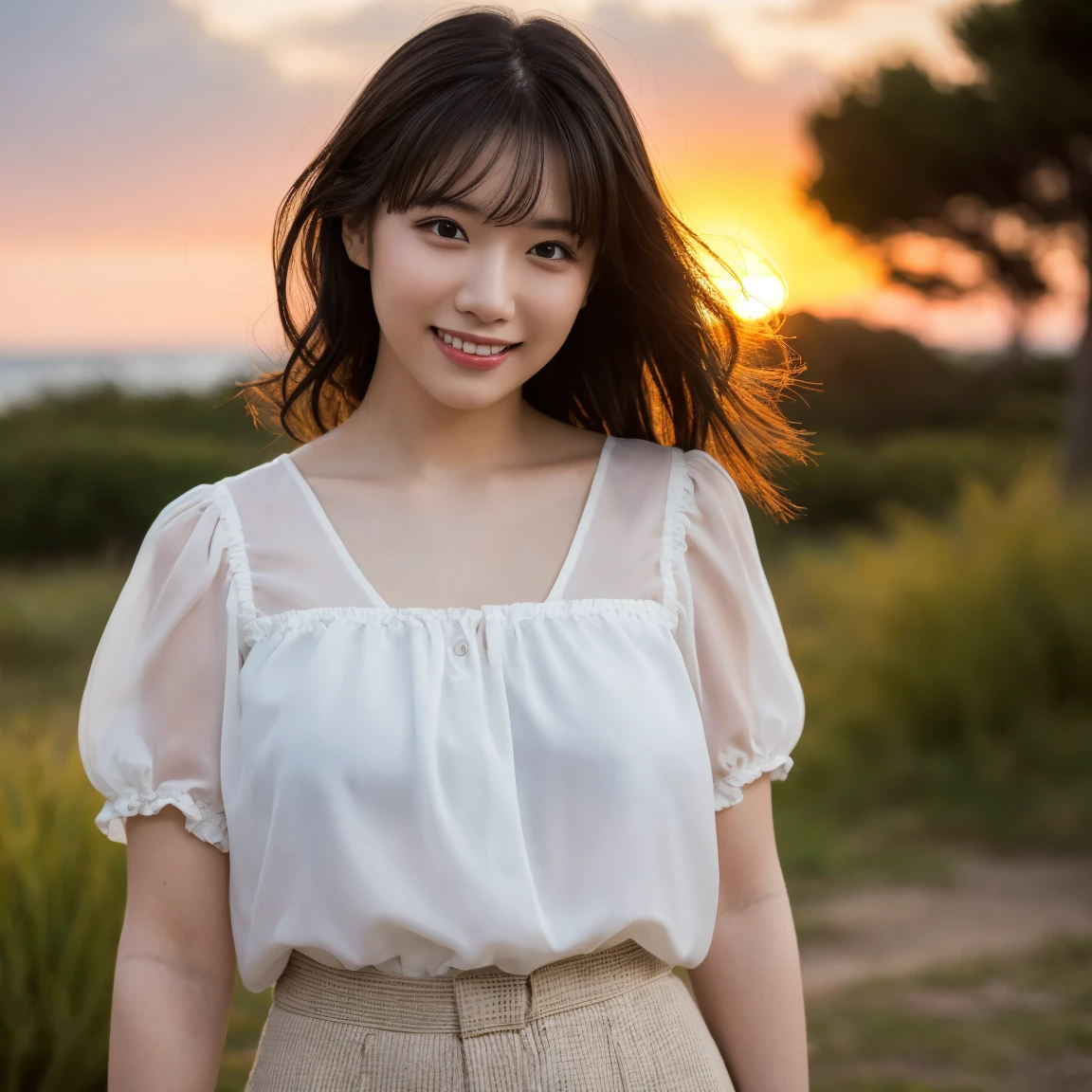 (Highest quality,masterpiece:1.3,Ultra-high resolution),(Very detailed,Caustics,8k),(Realistic:1.4,RAW shooting),Japanese,23 years old,cute,Put your finger on your lips,Are standing,(Big smile),(Looking into the camera),Black Hair Medium Hair,White blouse,Knee-length skirt,Strong winds,Hair blowing in the wind,coastal,Backlight,sunset,sunset sky,(whole body),Natural light
