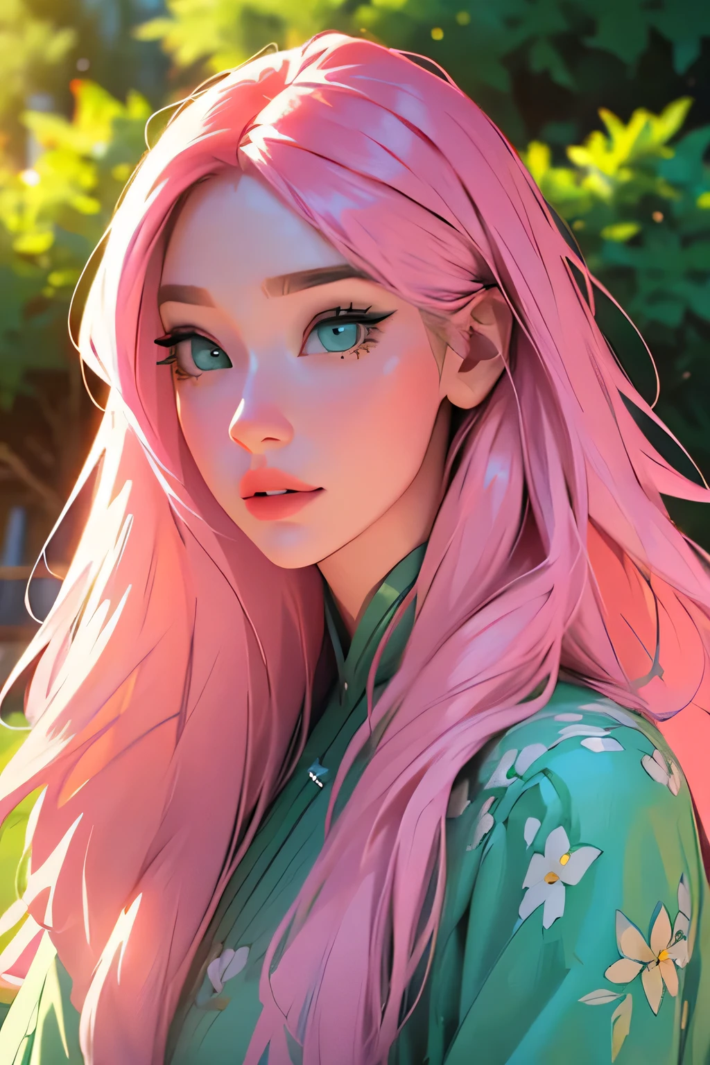 a woman with long pink hair and green eyes standing in a garden looking to top, highly detailed, 8k, masterpiece, elegant, photorealistic, studio lighting, vibrant colors, beautiful detailed eyes, beautiful detailed lips, extremely detailed face, long eyelashes, dynamic pose, nature background, lush greenery, blooming flowers, sun rays, intricate details, 