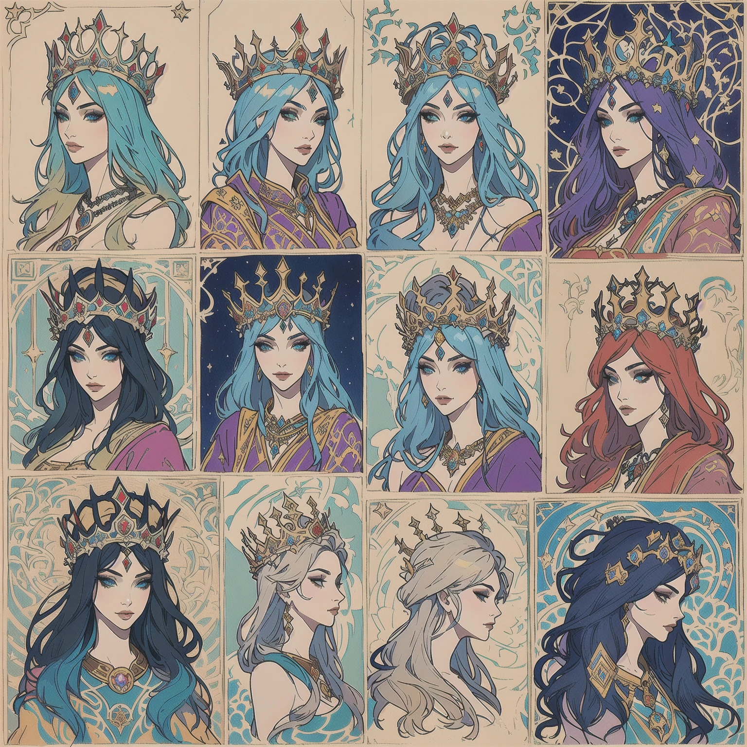 a group of nine different colored portraits of women with crowns, crowns, many crowns!! upon his head, godesses, ((a beautiful fantasy empress)), inspired by Kelly McKernan, goddess art, medieval art style, wearing a crown, style of charlie bowater, portrait of megan fox as a queen, with a crown, raphaelite and mucha