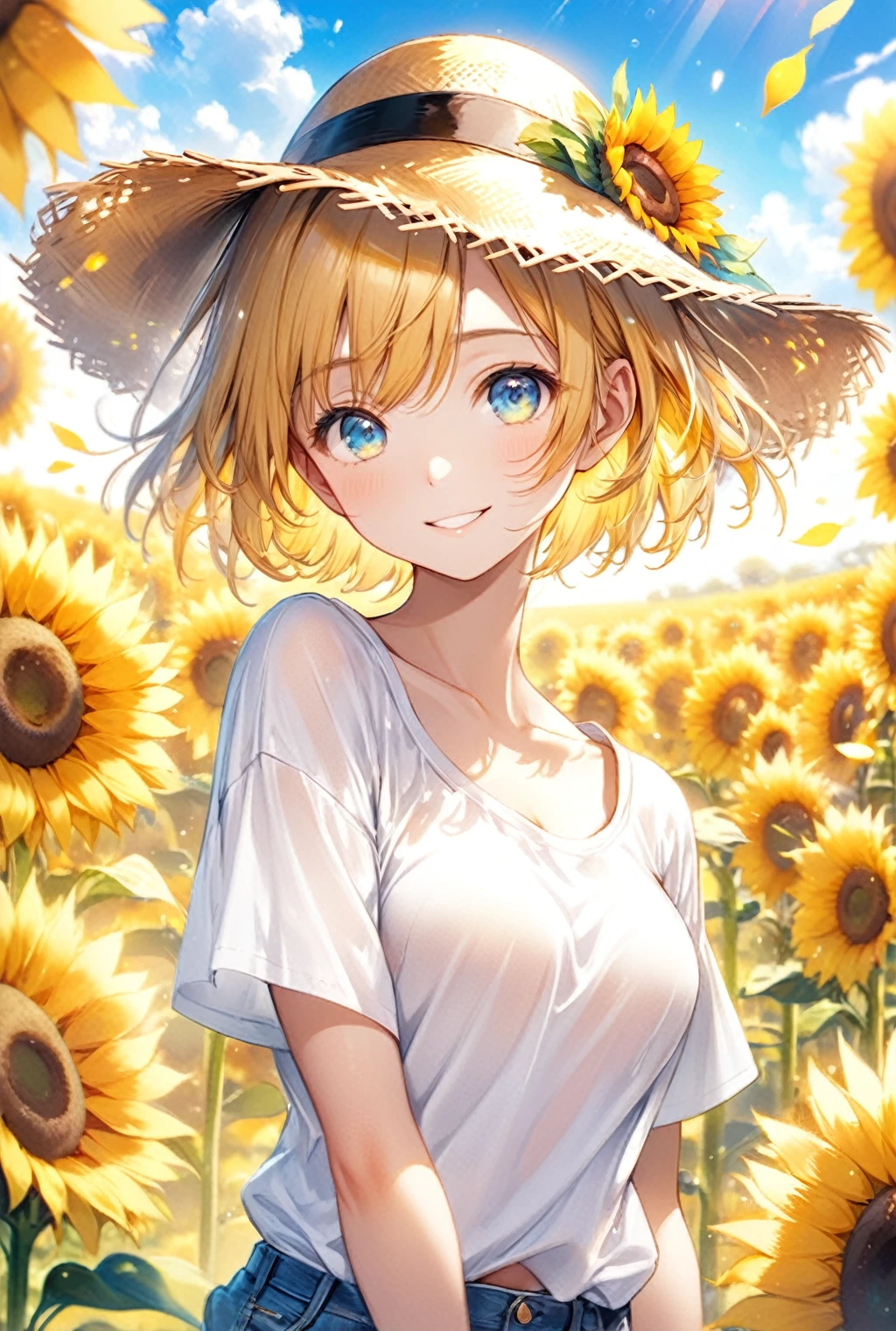 (Highest quality, 8k, 32K, masterpiece, Ultra-high resolution,:1.2),born, One girl,Super cute , Natural light,Clear, shining eyes, 20-year-old ,Fair skin, Wearing an open-necked T-shirt, Sexy pose, An innocent smile, A fantasy background of an electronic world like a sunny sunflower field,  Straw hat, blue sky, summer, bright,Girl with golden hair, short hair,