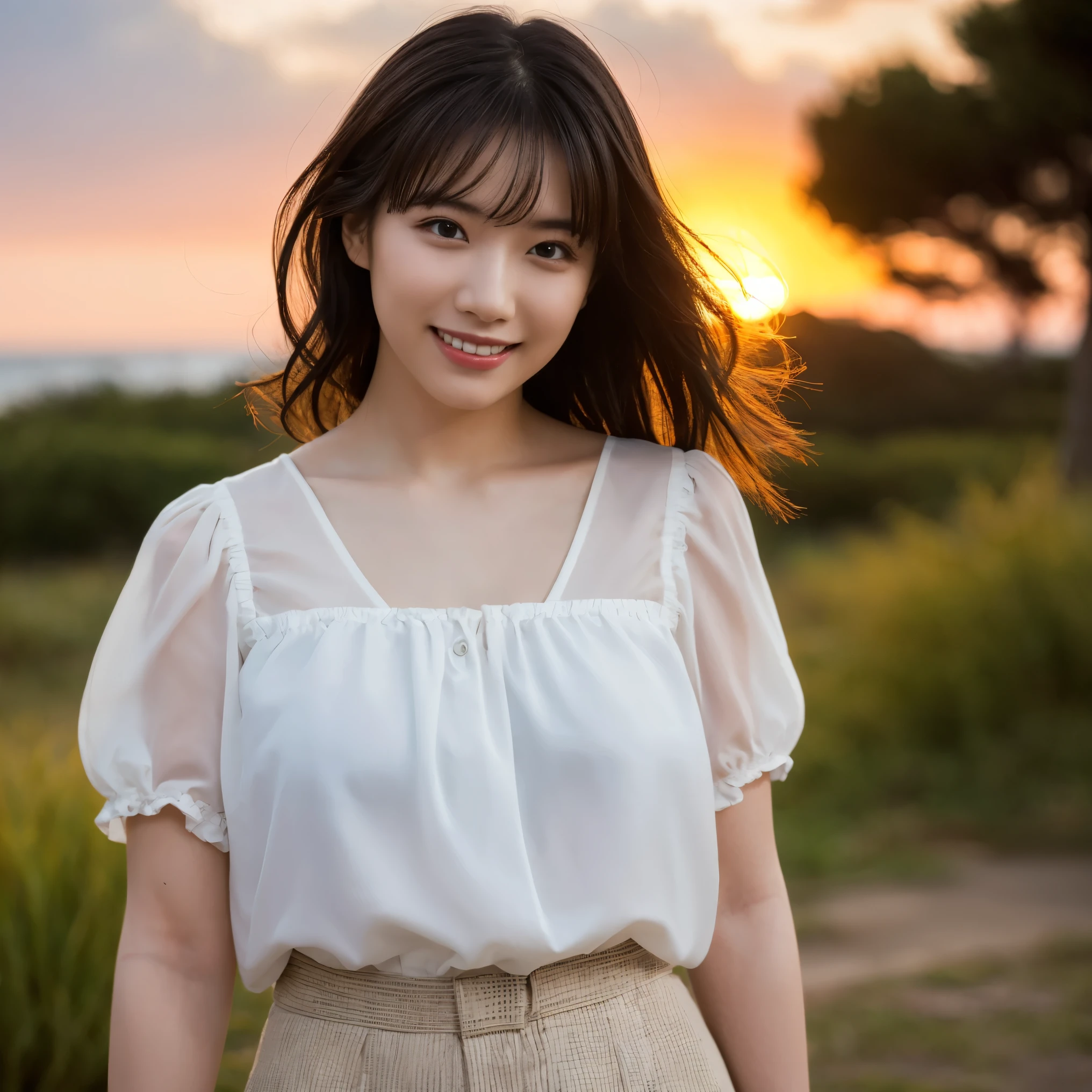 (Highest quality,masterpiece:1.3,Ultra-high resolution),(Very detailed,Caustics,8k),(Realistic:1.4,RAW shooting),Japanese,23 years old,cute,Put your finger on your lips,Are standing,(Big smile),(Looking into the camera),Black Hair Medium Hair,White blouse,Knee-length skirt,Strong winds,Hair blowing in the wind,coastal,Backlight,sunset,sunset sky,(whole body),Natural light