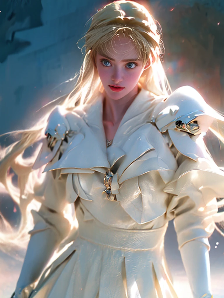 8K UHD,RAW photo,A woman wearing black armor is fully armored:1.1,Handsome girl,long whitr hair,blonde with blue eyes,The face is delicate,Delicate skin,Full breasts,Crystal clear lips,Slender legs,(Real Human:1.3),(A high resolution:1.4),(A detailed:1.5),(photorealestic:1.7),RAW photo,Portrait Photogram,Real Human,RAW photo,超A high resolution,Foto realism,best qualtiy,(highdetailskin,skin detailed),Visible Pore,Shiny skin,tmasterpiece,,finedetail,Colorization,Extremely Delicately Beautiful,Extremely detailed 8k wallpaper,8K high quality,Digital SLR,Girl with beautiful details,(looking at viewert),professional photograph lighting,Faraway view,Standing posture