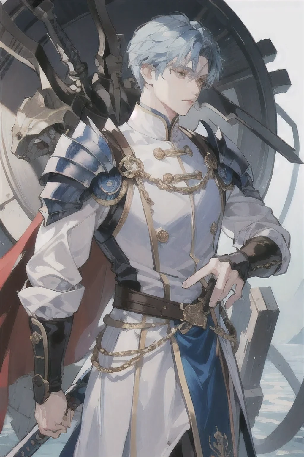 ((Highest quality)), ((masterpiece)), (detailed), ((Highest quality)), ((masterpiece)), (detailed), Light blue, curly hair above the shoulders、light blue hair 、knight、mascle、noble、Blue eyes、soft、seems kind、Mature、Margrave、knight、sword、alone、Light blue noble outfit、Tall and muscular、