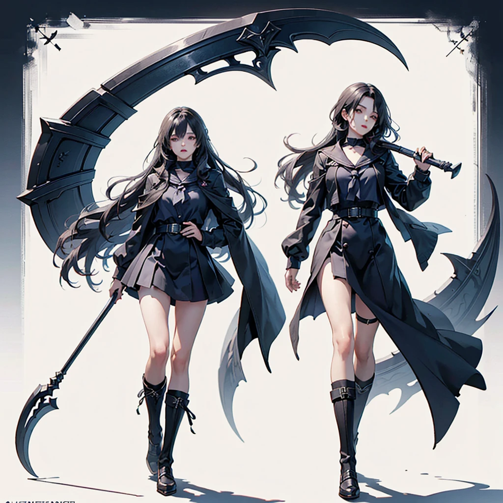 (masterpiece, Highest quality), (perfect athletic body:1.2), (Thin Hair), Very detailed, Anime Style, whole body, alone, Vampire Hunter, Black Sailor Suit, big grim reaper scythe,  Black Hair, High Boots, Standing in the Wilderness,Navy blue knee socks,Black Loafers、 8K high resolution, White Background, whole body,