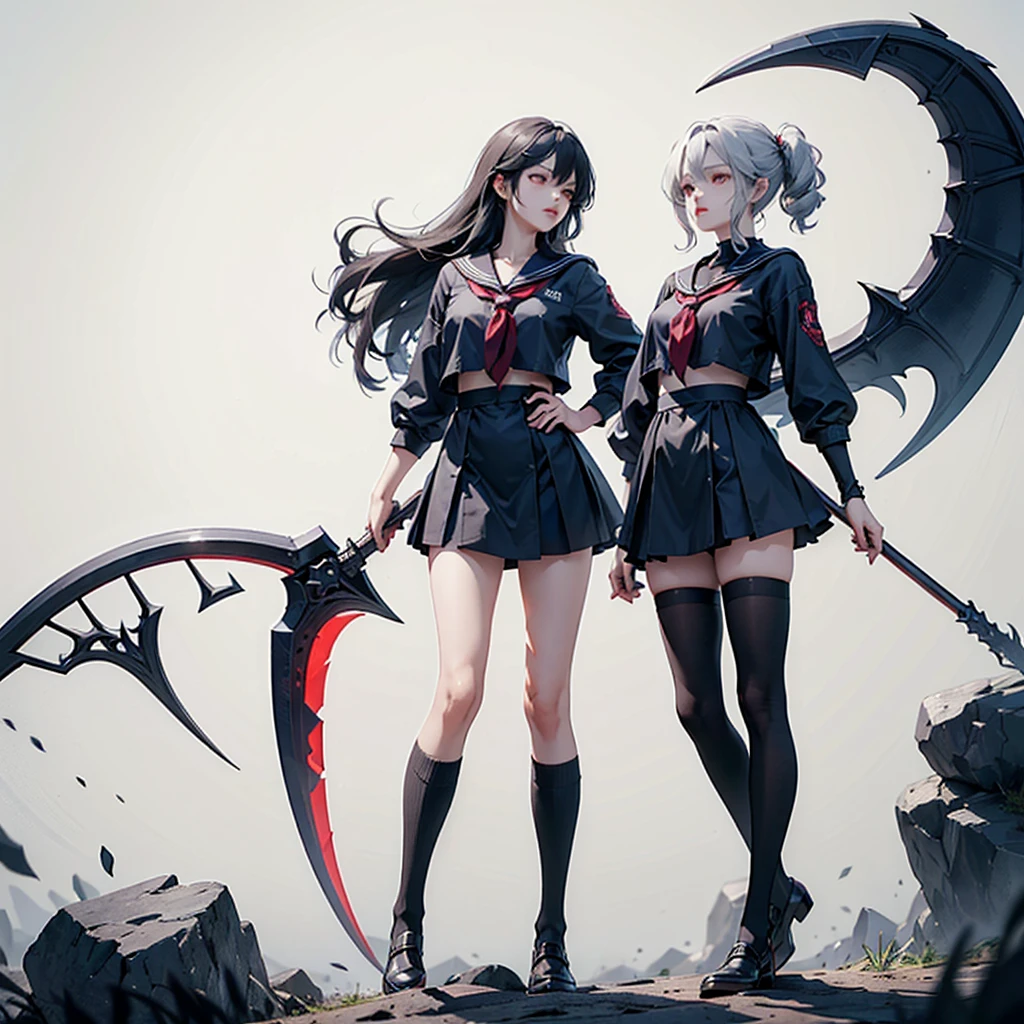 (masterpiece, Highest quality), (perfect athletic body:1.2), (Thin Hair), Very detailed, Anime Style, whole body, alone, Vampire Hunter, Black Sailor Suit, big grim reaper scythe, Black Hair, High Boots, Standing in the Wilderness,Navy blue knee socks,Black Loafers、 8K high resolution, White Background, whole body,