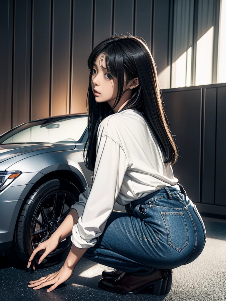 1 Girl、solo、carの前で、Long Hair、Looking at the audience、Black Hair、White shirt、Butt、Outdoor、Looking Back、denimからButtがはみ出る、Black shoes、Squat、denim、building、自動car、Roll-up sleeves、Buttの亀裂、car、car両フォーカス、