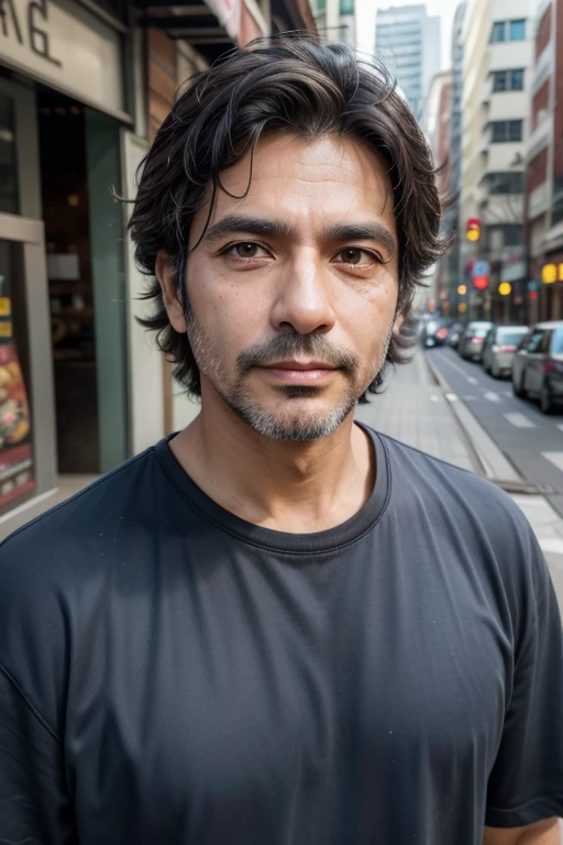 Characteristic 45 year old Brazilian man with medium hair looking at the camera ultra realistic standing on the sidewalk of a big city looking at the camera