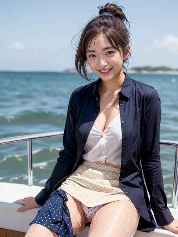 Gray background、pubic hair、Large Breasts、Thighs、Red lipstick、Cute woman、high school girl、White shirt、(Navy blue skirt)、smile、Open chest shirt、(A polka dot shirt that was wet and showed her underwear)、Wet Hair、Gazing at the sea、smile、On the boat、ponytail、