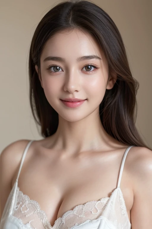 (One Girl), Very cute face, Great face and eyes, (Highly detailed eyes, Highly detailed face), Fresh, Very beautiful appearance, (Ultra-realistic, High resolution), (Highest quality:1.4), RAW Photos, (Realistic, Photorealistic:1.37), Professional photography, (Cleavage:1.2), (Exposing shoulders), smile, (Look at me), Bedroom, Portrait of a Girl,Clothes that show the chest